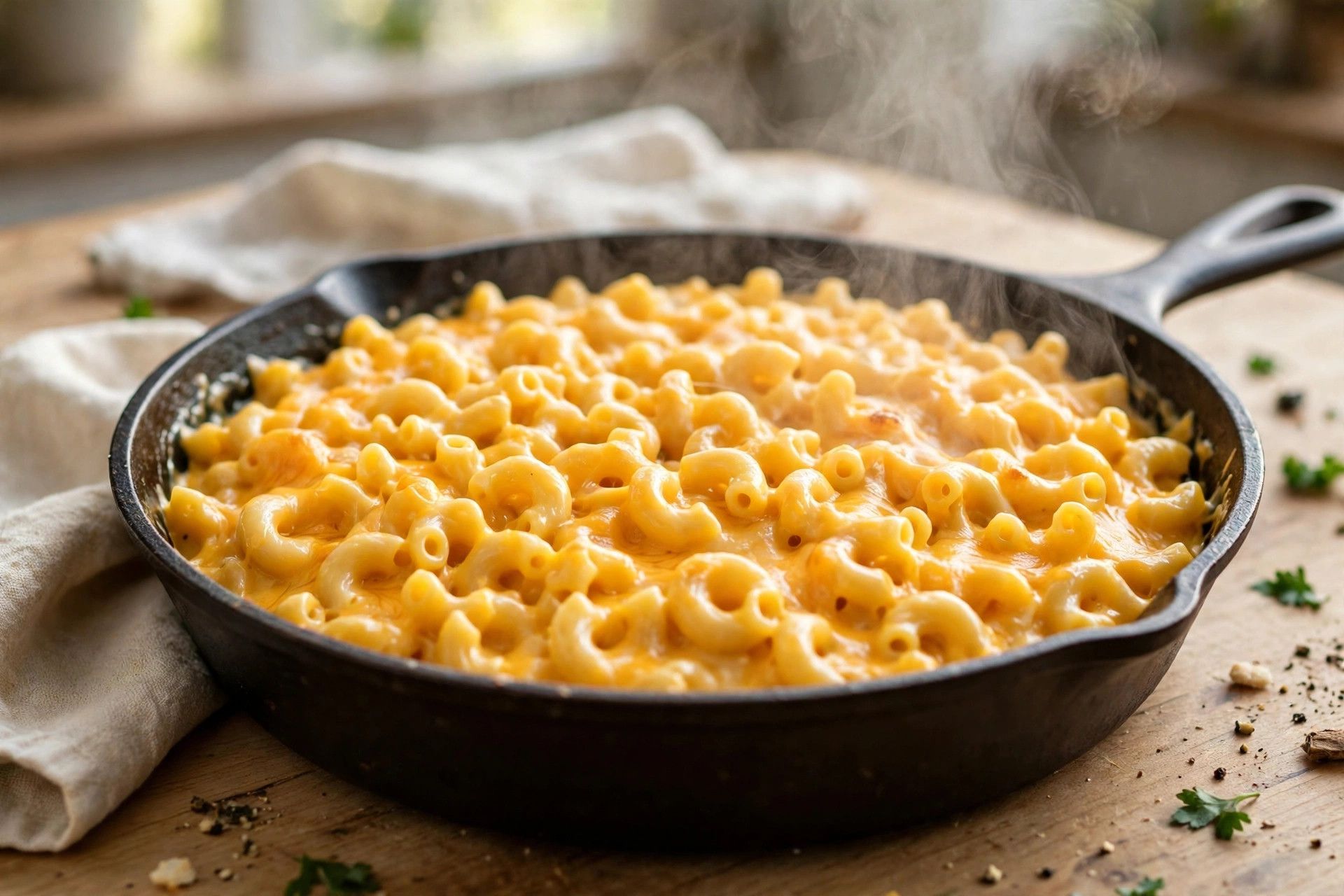 A warm bowl of mac and cheese with glossy cottage cheese cheddar sauce, served straight from the pan