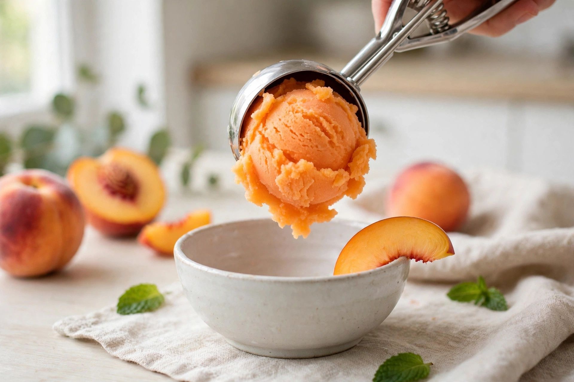 Scooping bright peach sorbet from the pint into a small bowl, showing the smooth fruity texture