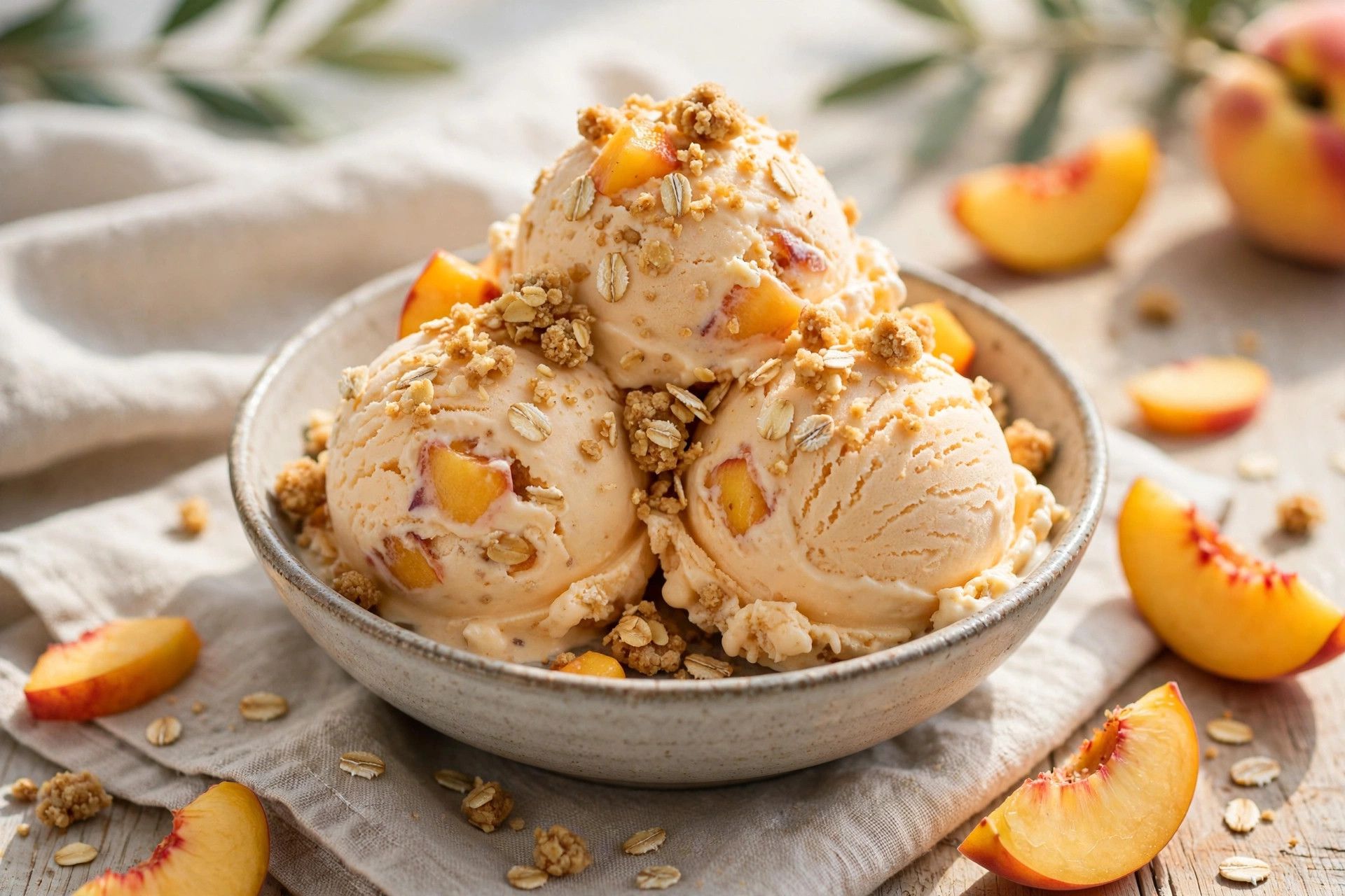Serving peach ice cream scoops with oat crumble scattered over the top