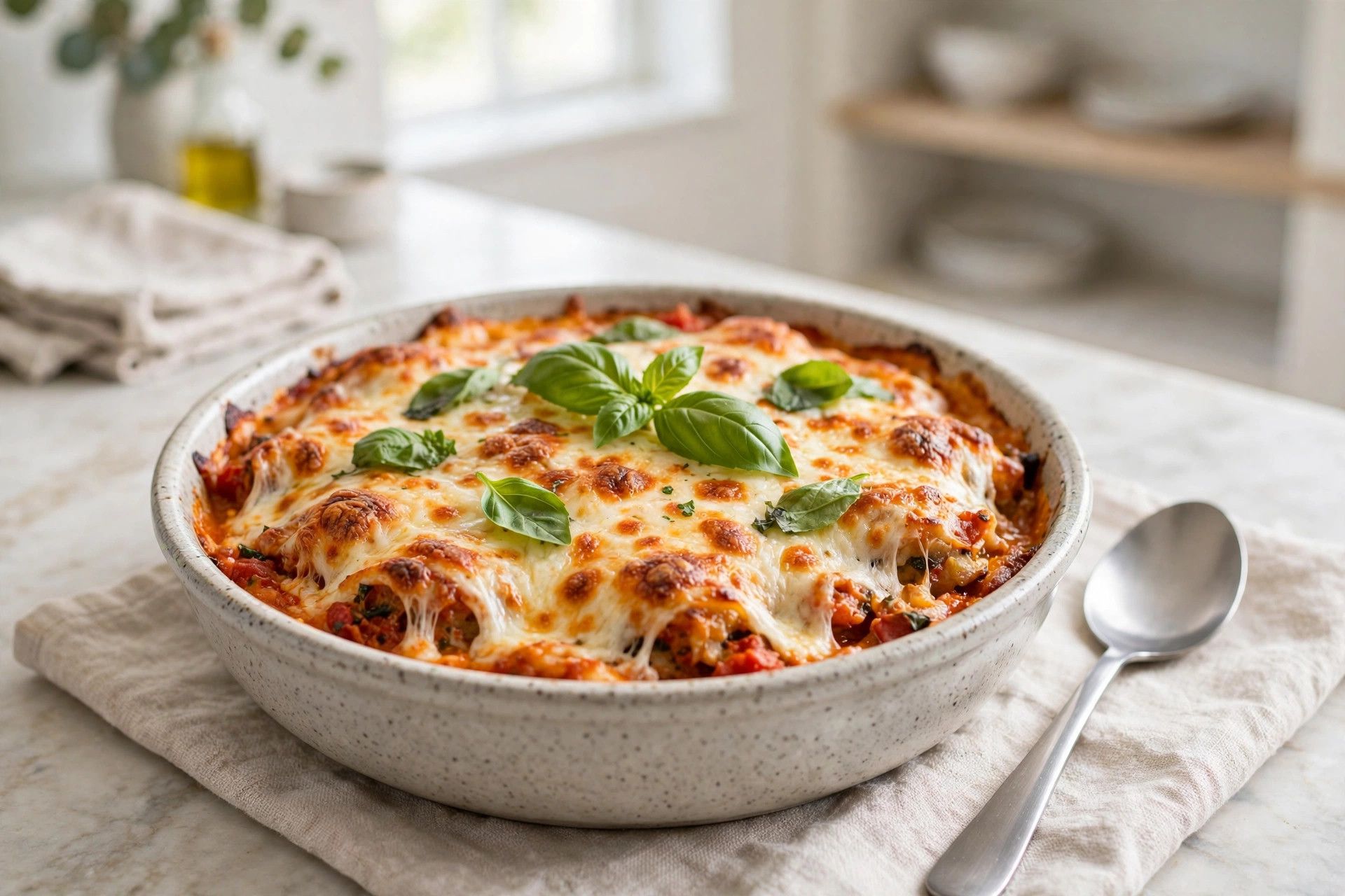 Serving a hot bubbly cottage cheese pizza bowl topped with fresh basil, ready to eat with a spoon