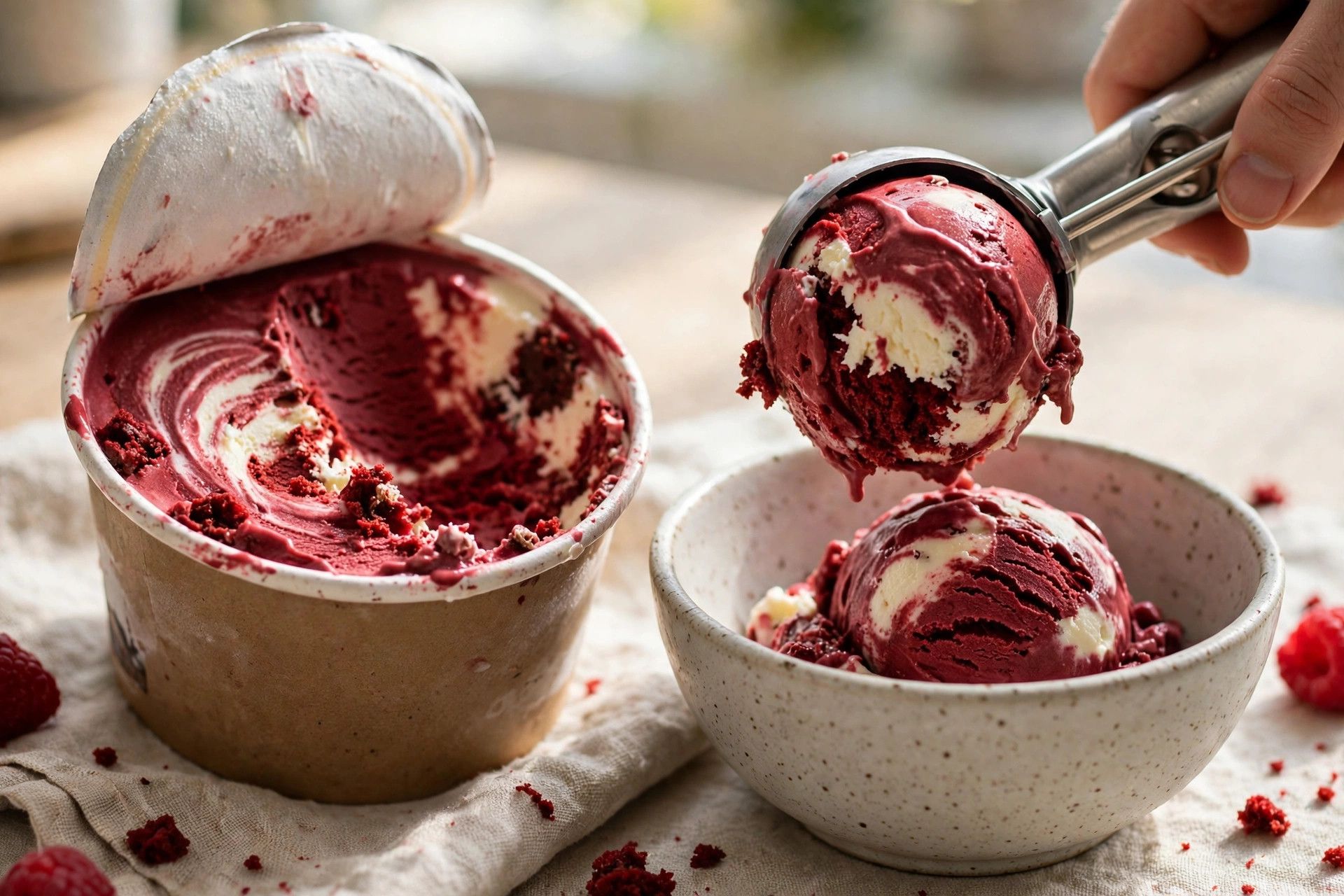 Scooping deep red velvet protein ice cream with cream cheese frosting swirls from the pint into a bowl