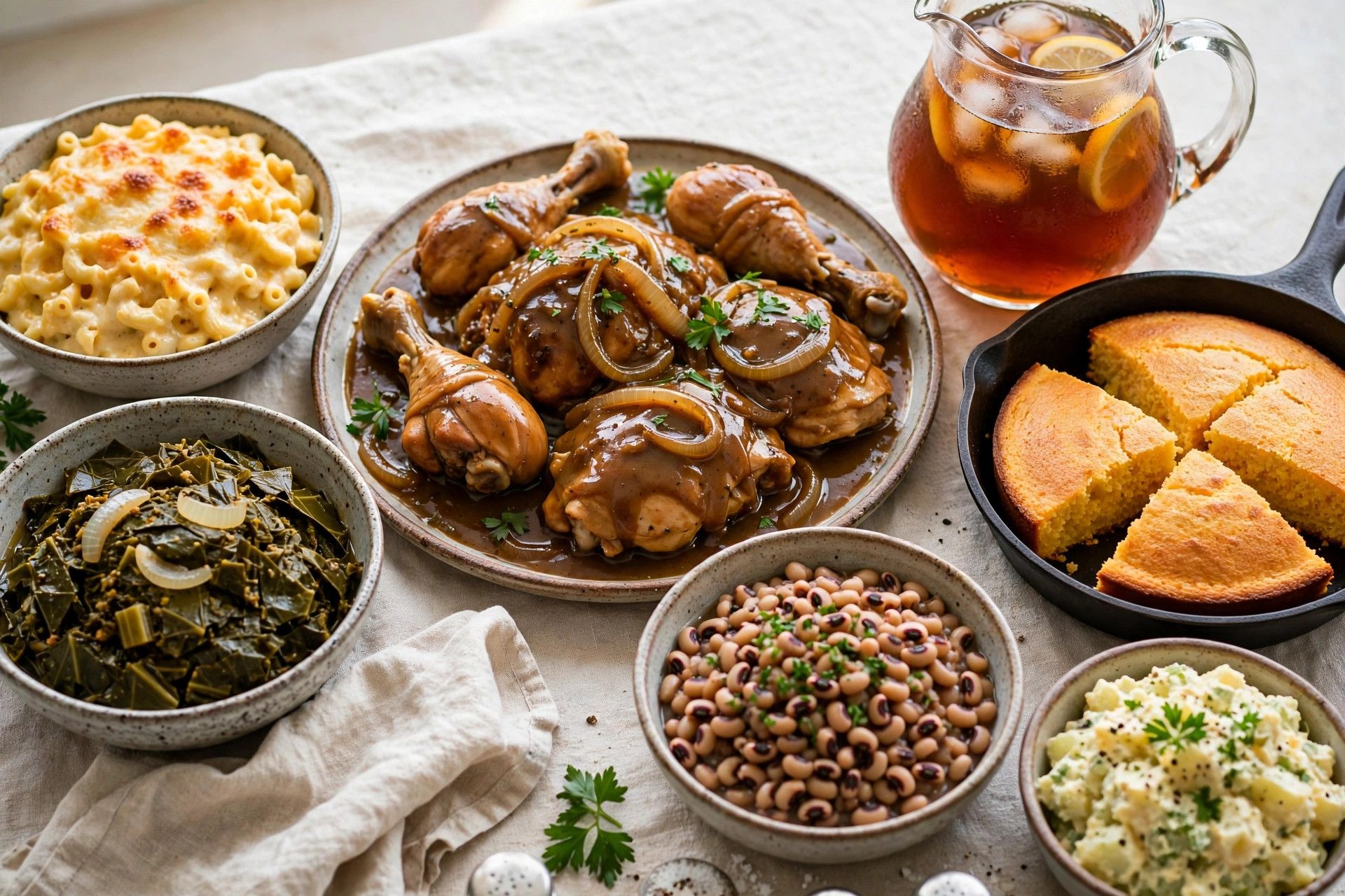 A full soul food Sunday dinner table with smothered chicken, bowls of sides and sweet tea