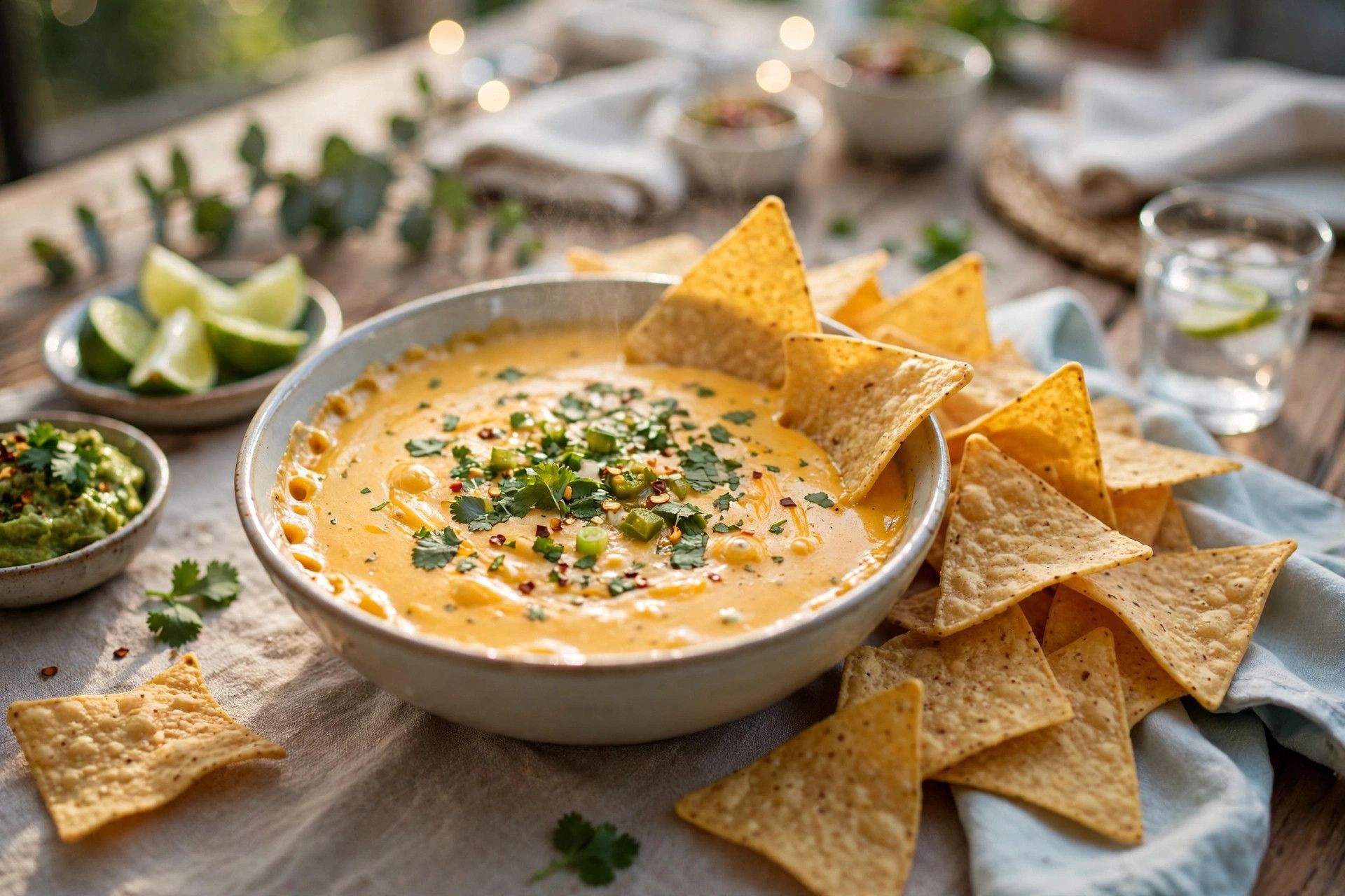 A warm bowl of golden cottage cheese queso dip with tortilla chips for scooping, on a light table