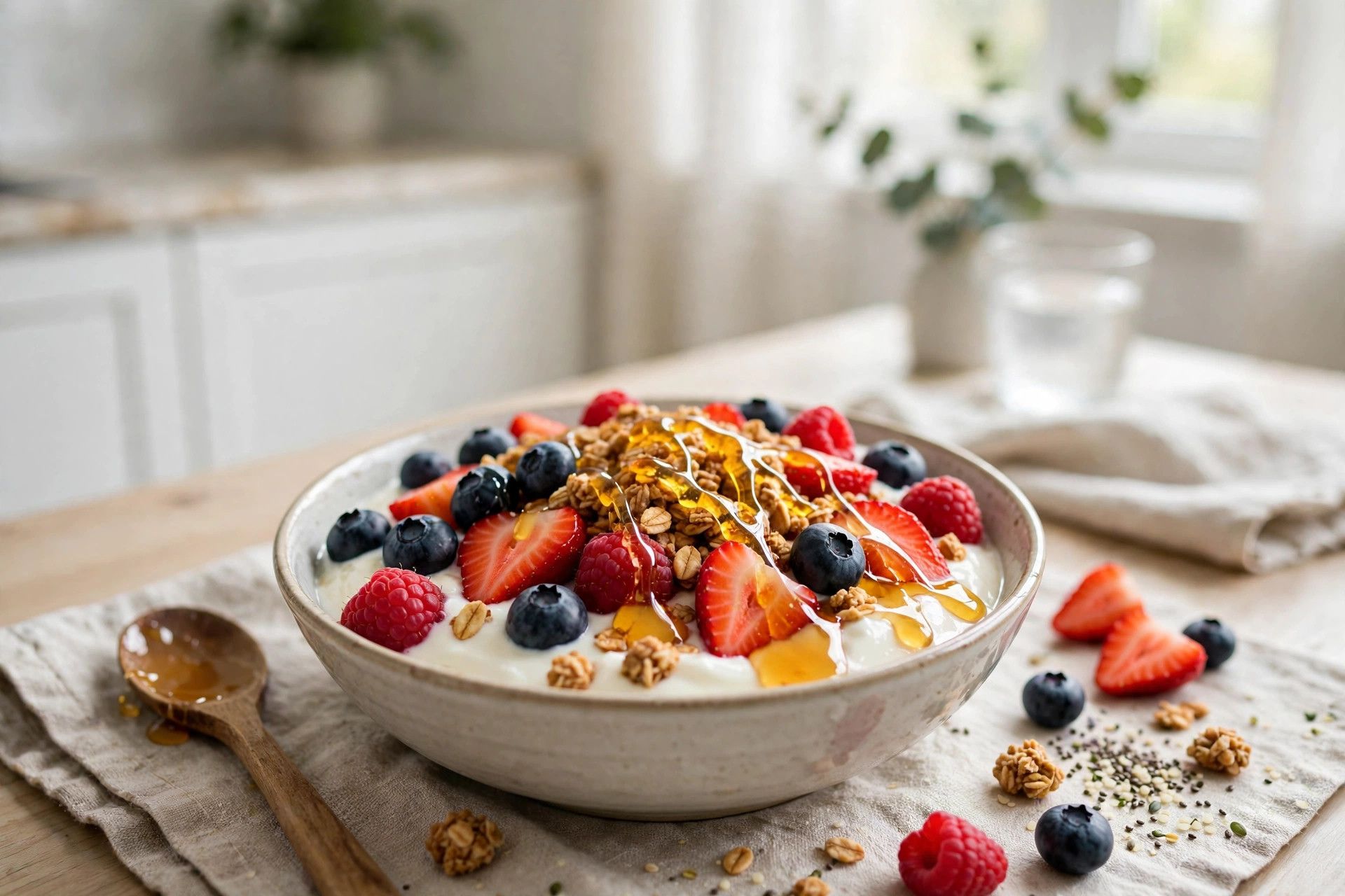 Serving a thick Greek yogurt and cottage cheese protein bowl topped with berries and granola