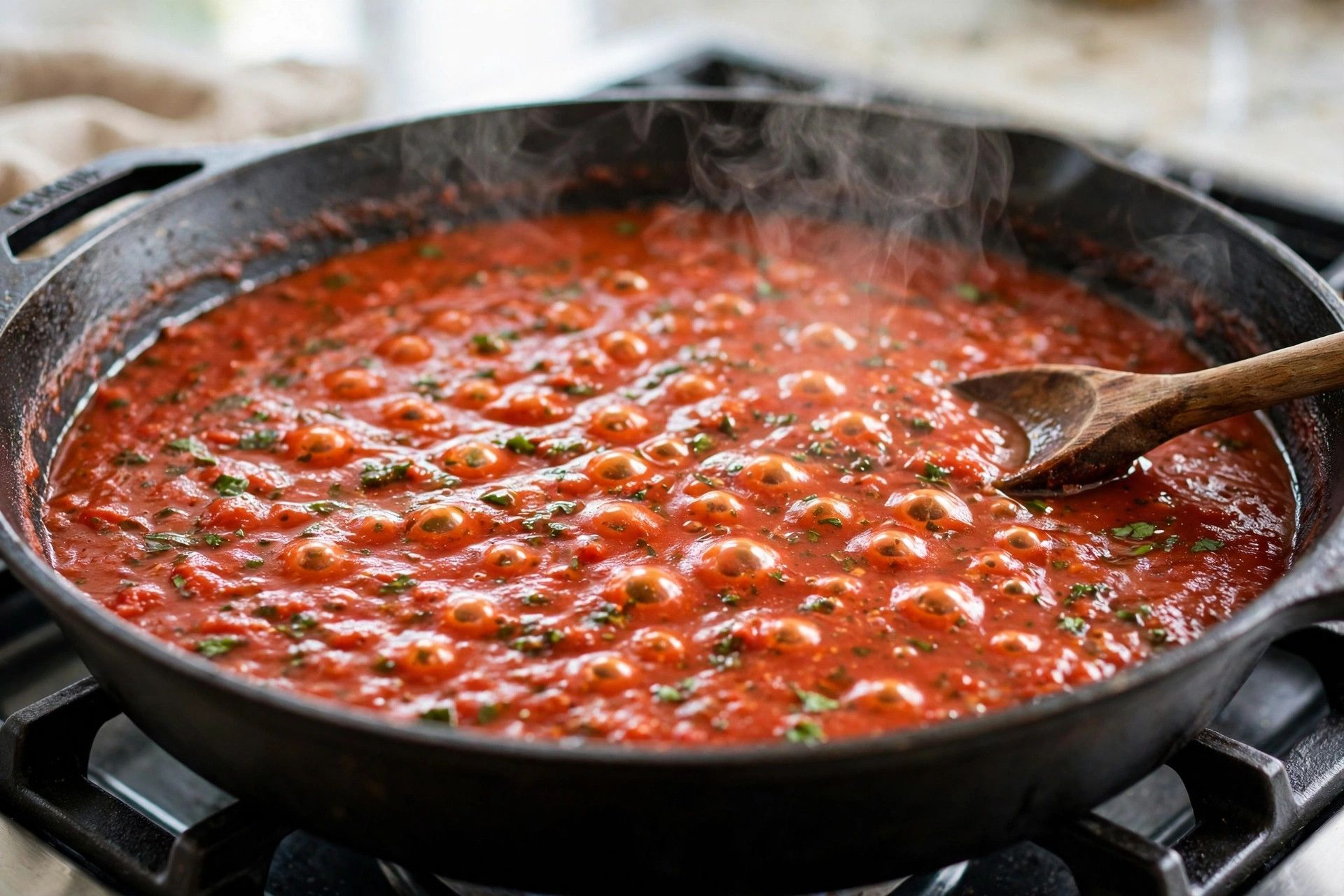 Crushed tomato sauce simmering gently in a cast iron skillet with herbs and a wooden spoon