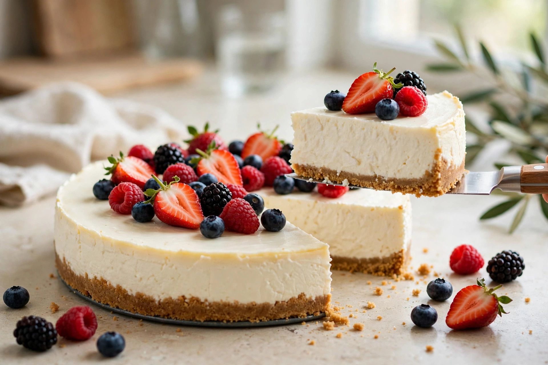 Slicing the chilled cottage cheese cheesecake and topping it with fresh berries