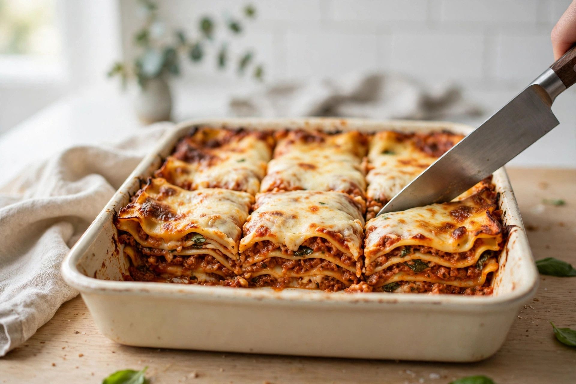 Slicing a rested cottage cheese lasagna into clean square servings, showing the layers