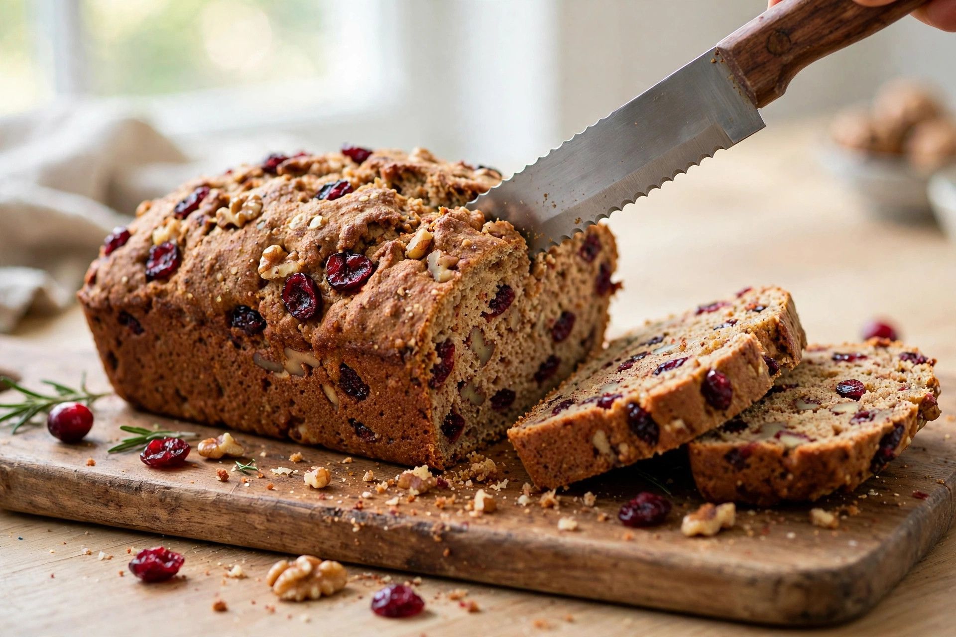 Slicing the cooled spiced holiday breakfast bread into thick slices on a wooden cutting board
