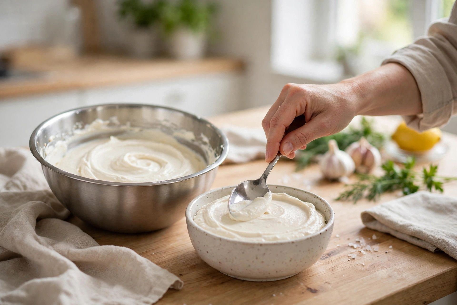 Spooning the chilled cottage cheese dip into a small serving bowl and smoothing the top
