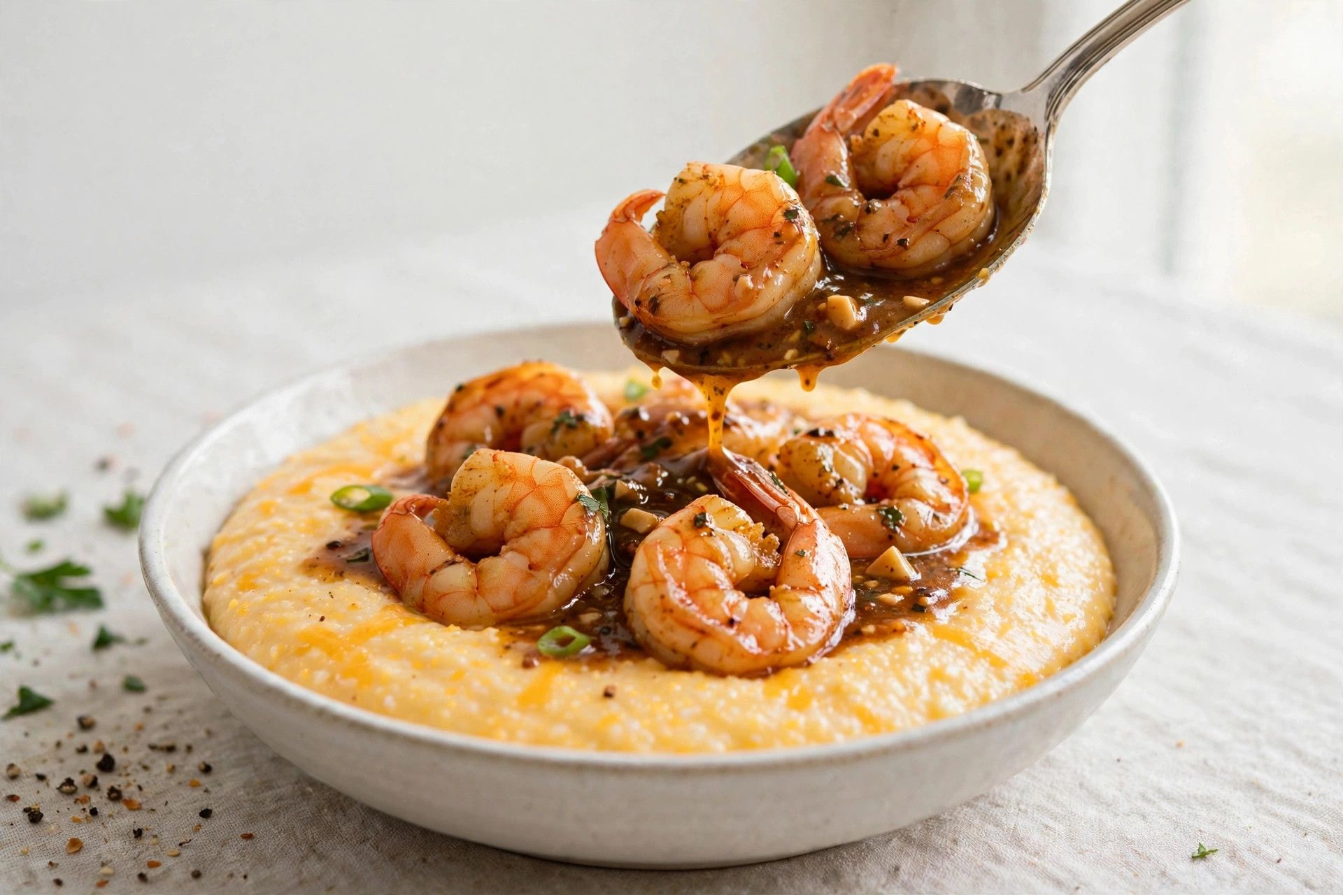 Spooning plump Cajun shrimp and pan sauce over a bowl of creamy cheddar grits