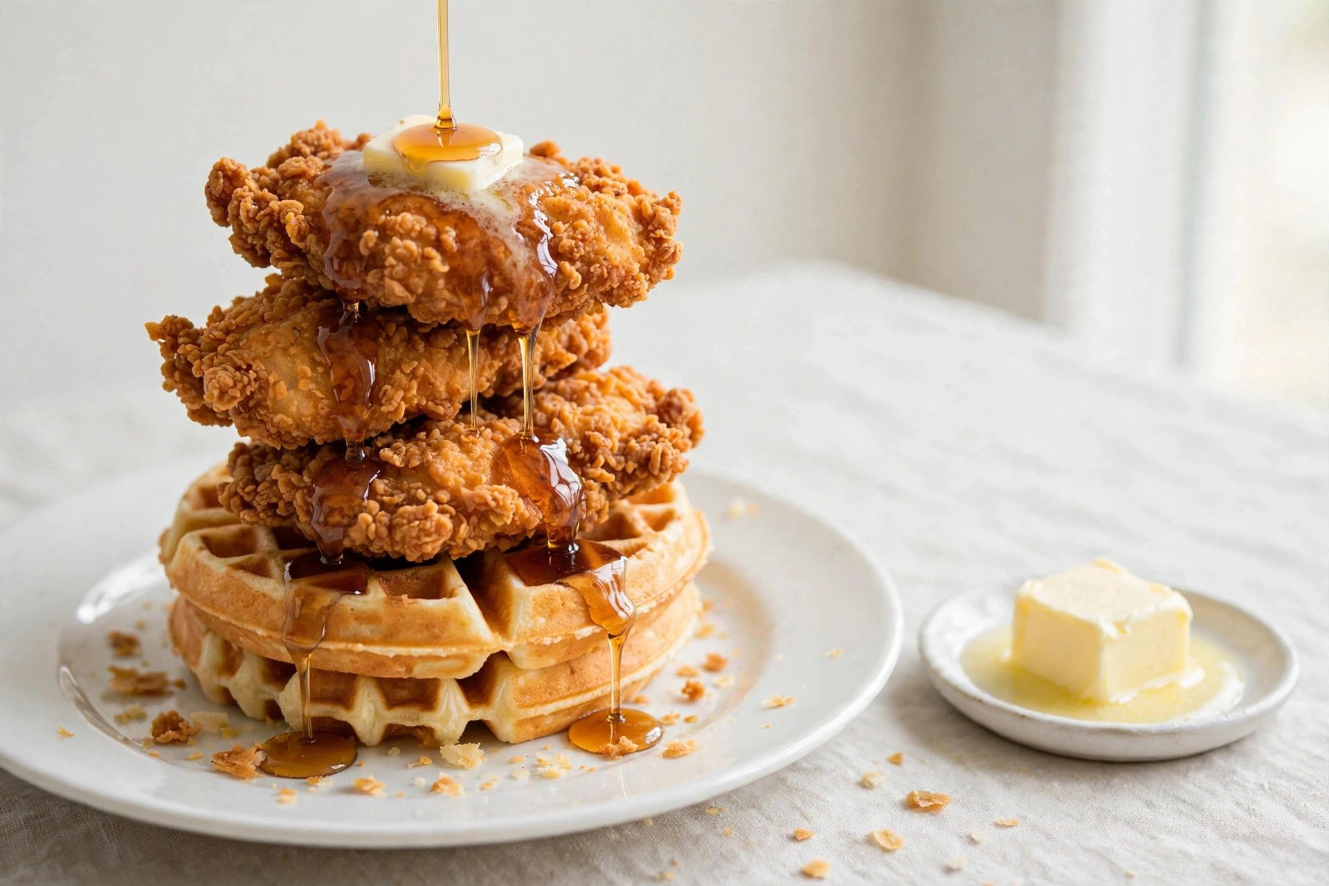 Crispy fried chicken stacked on golden waffles with warm maple syrup drizzled over the top