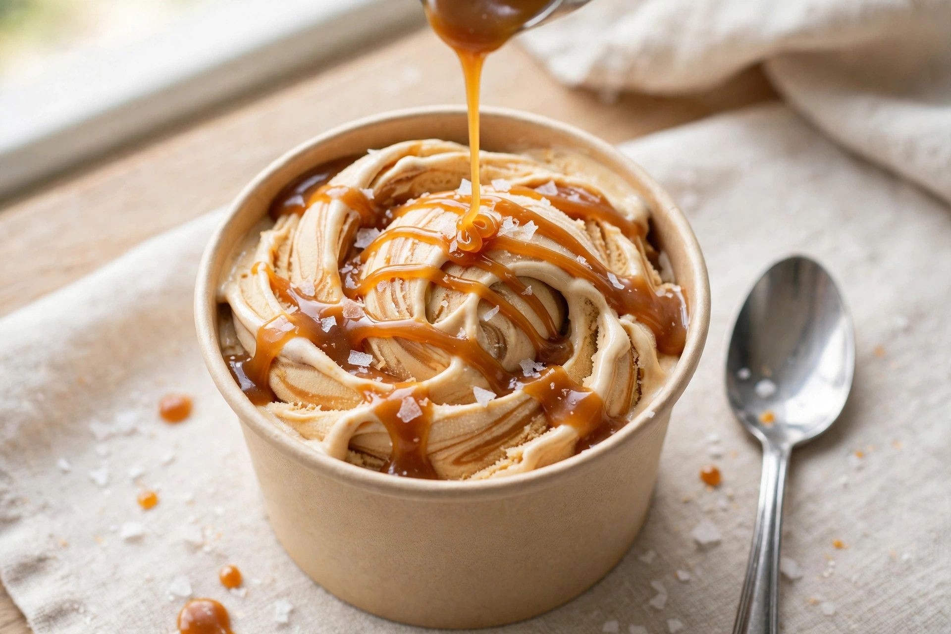 Drizzling caramel sauce over the spun salted caramel pint and finishing with flaky sea salt