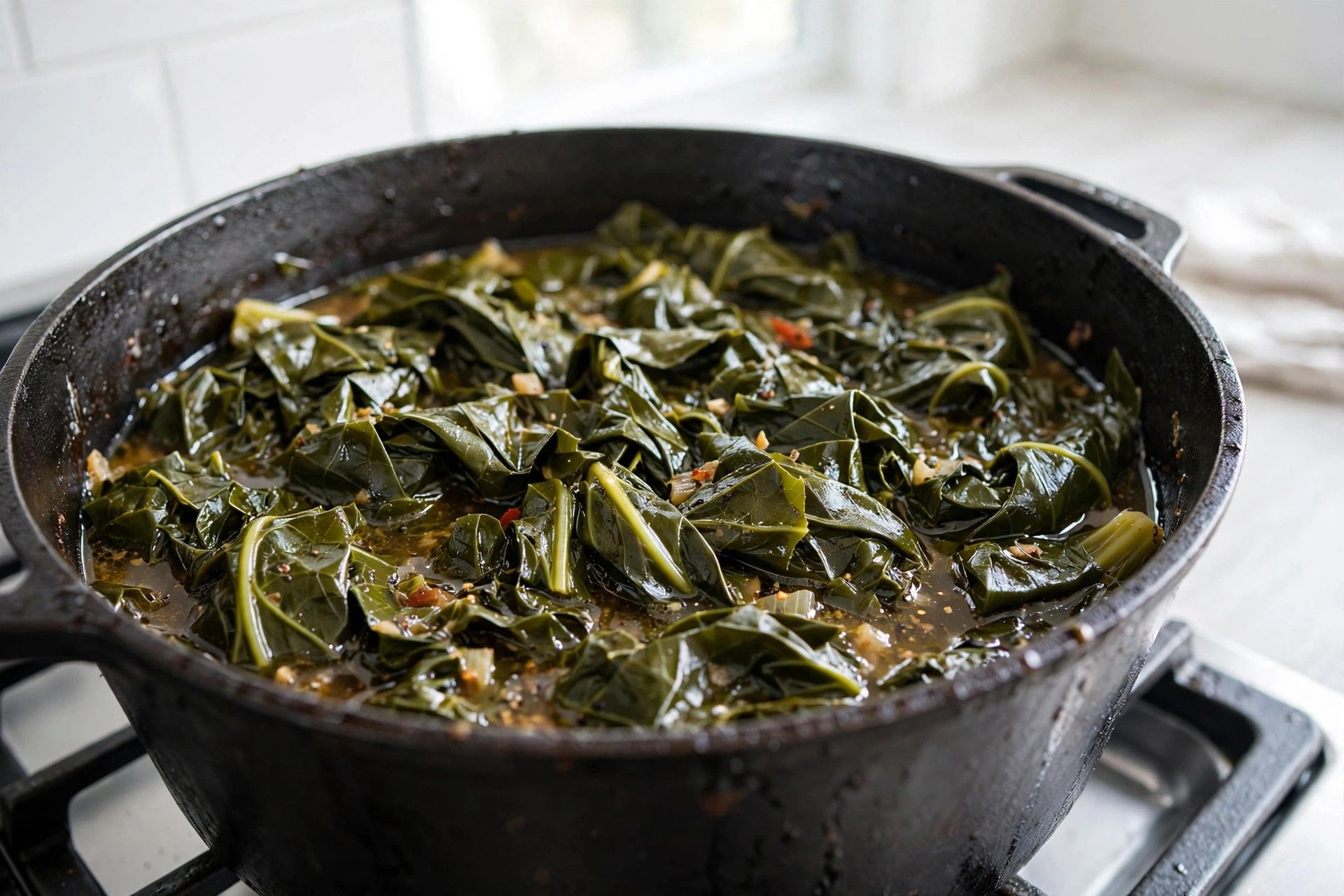 Tender silky collard greens in a large pot, dark green and glistening in savory broth