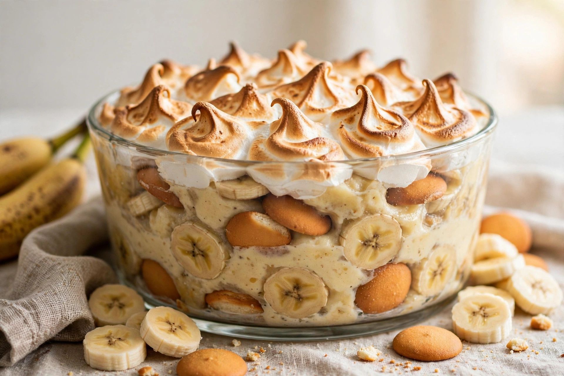 Banana pudding with golden toasted meringue peaks fresh from the oven