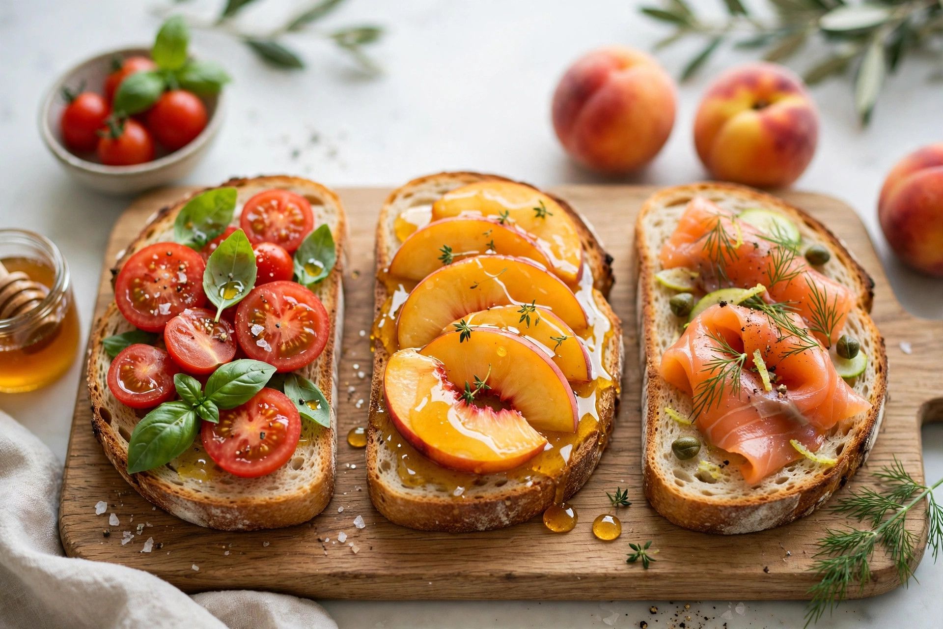 Three cottage cheese toasts topped Caprese style, with peach and honey, and with salmon and dill