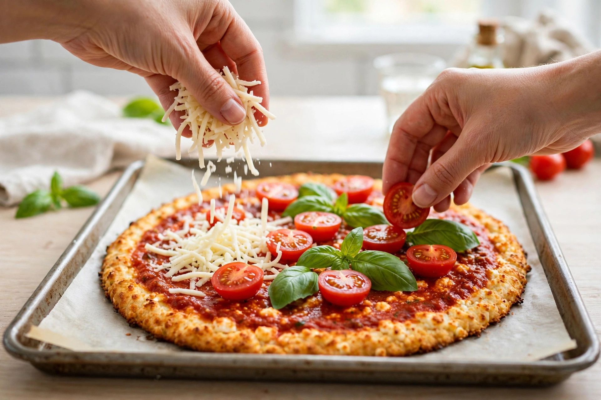 Topping the golden pre-baked cottage cheese pizza crust with tomato sauce, mozzarella, cherry tomatoes and basil