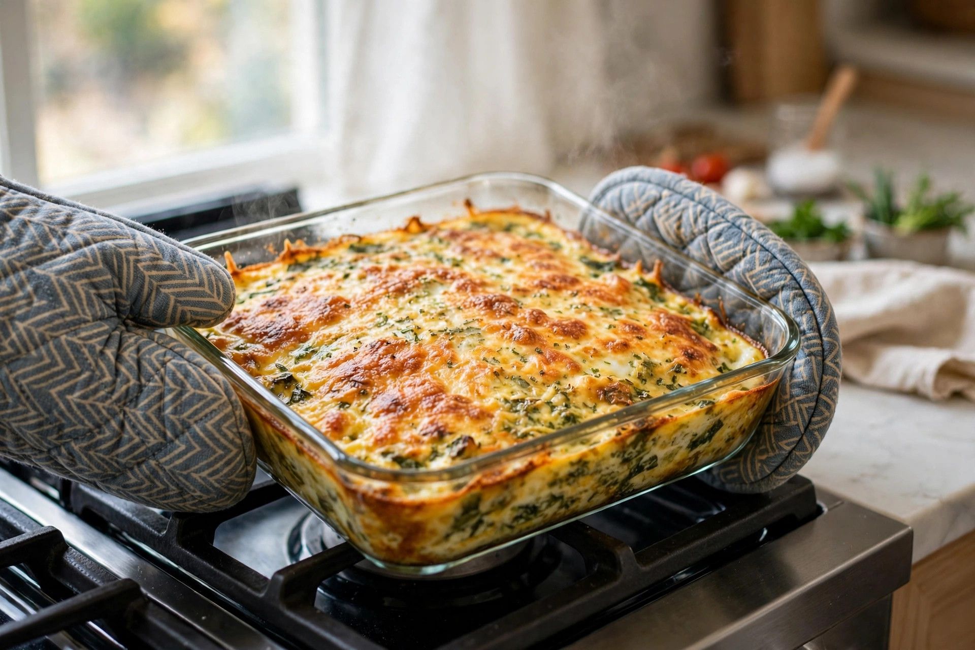 The cottage cheese egg bake in its dish, baked until set with a golden cheesy top