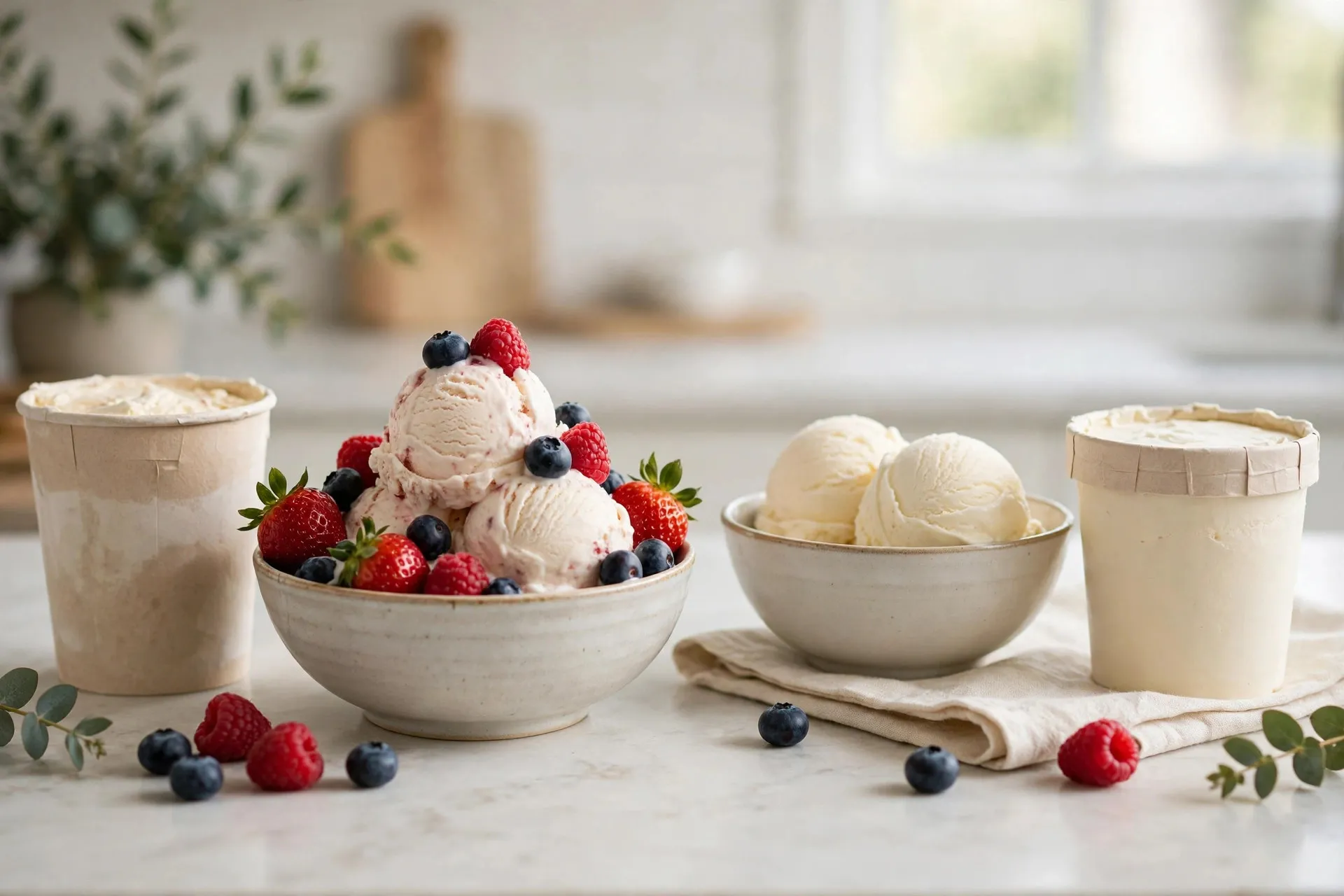 Two bowls of scooped ice cream on a kitchen counter, served from two different sized pints