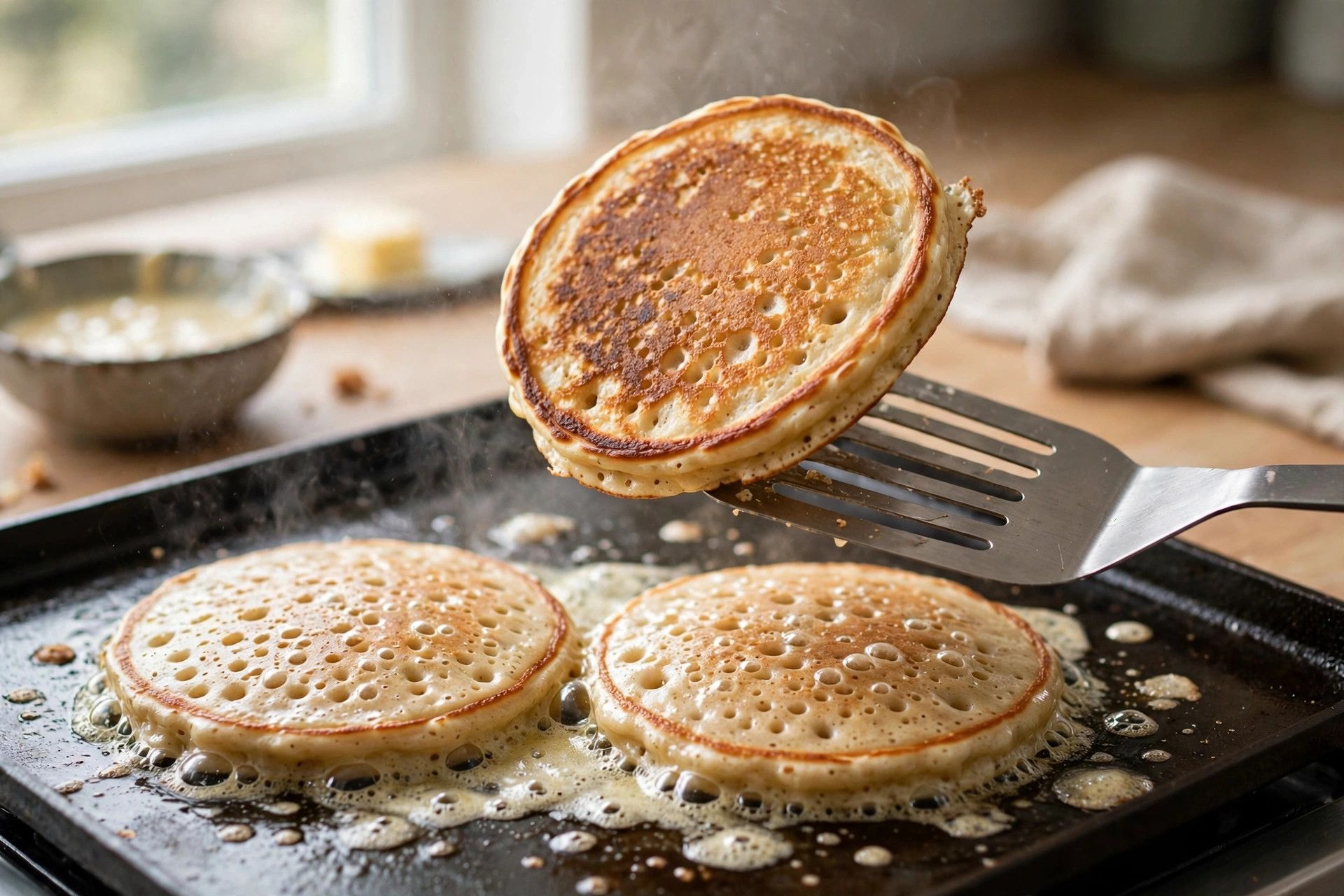 Flipping a golden cottage cheese protein pancake with a spatula on the griddle