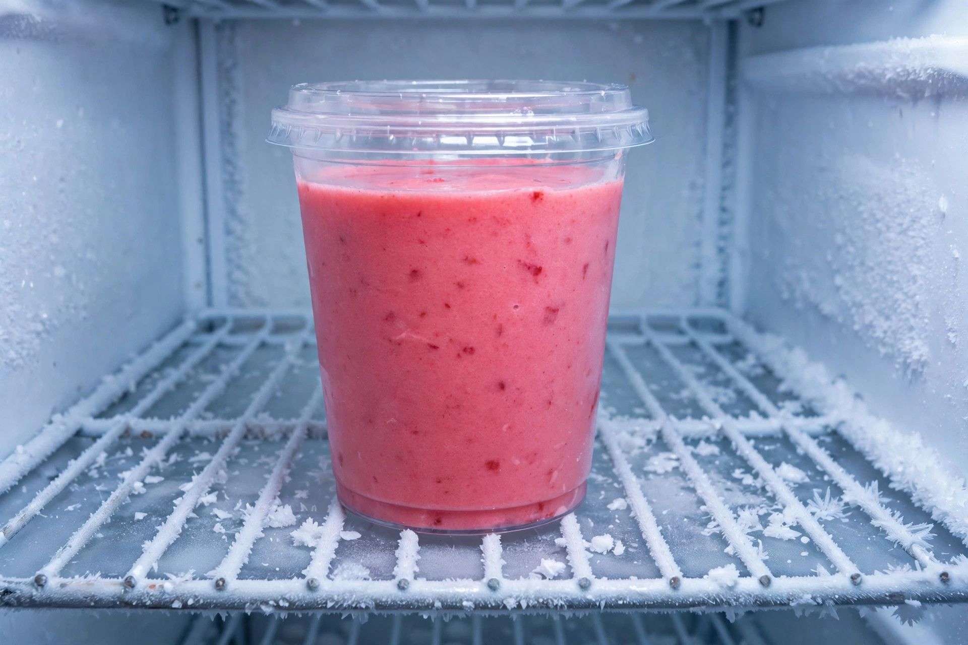 The filled strawberry sorbet pint with its lid on, freezing on a level shelf inside the freezer