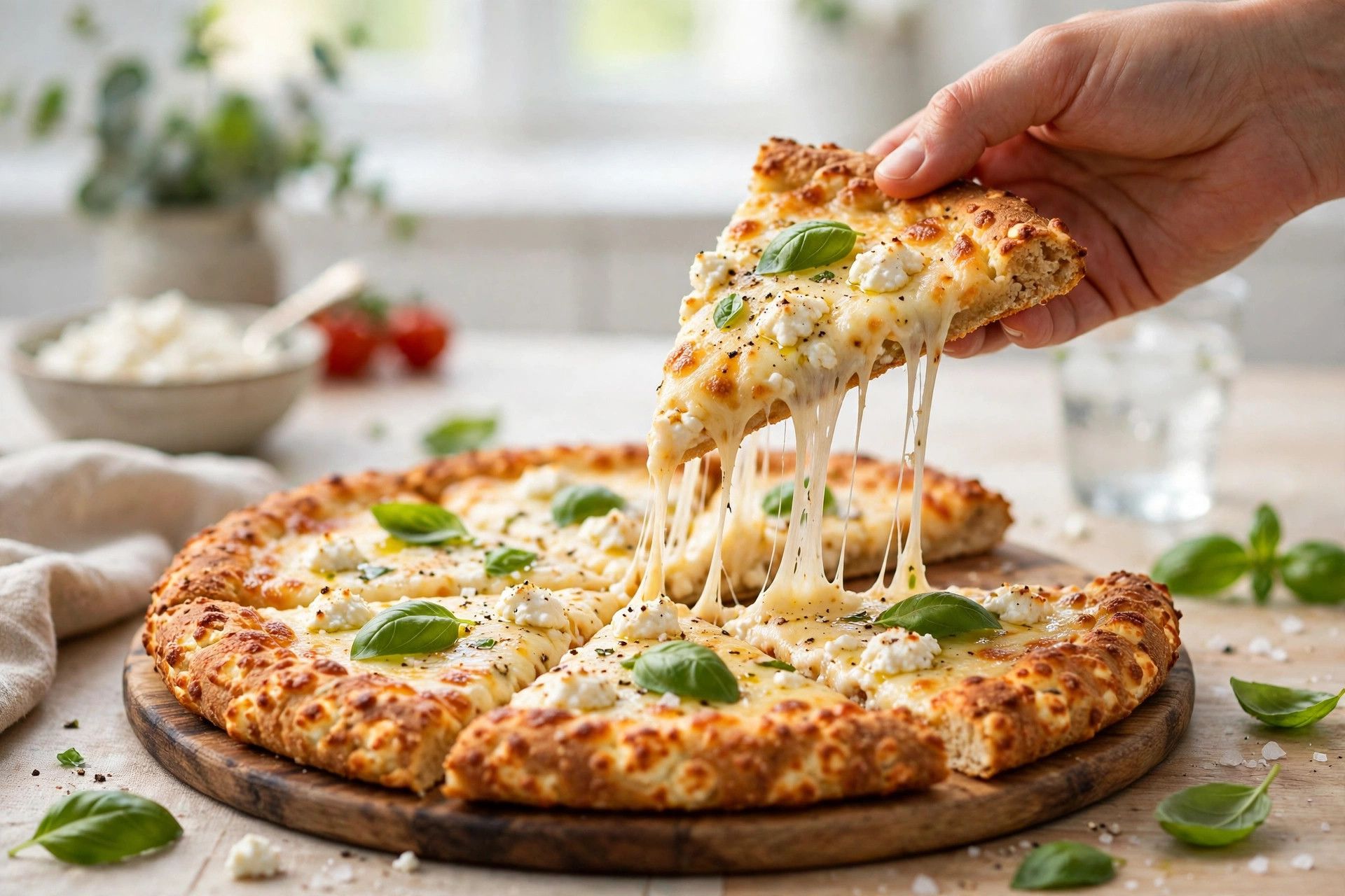 Lifting a slice of cottage cheese pizza crust pizza with melted cheese from a sliced whole pizza on a wooden board