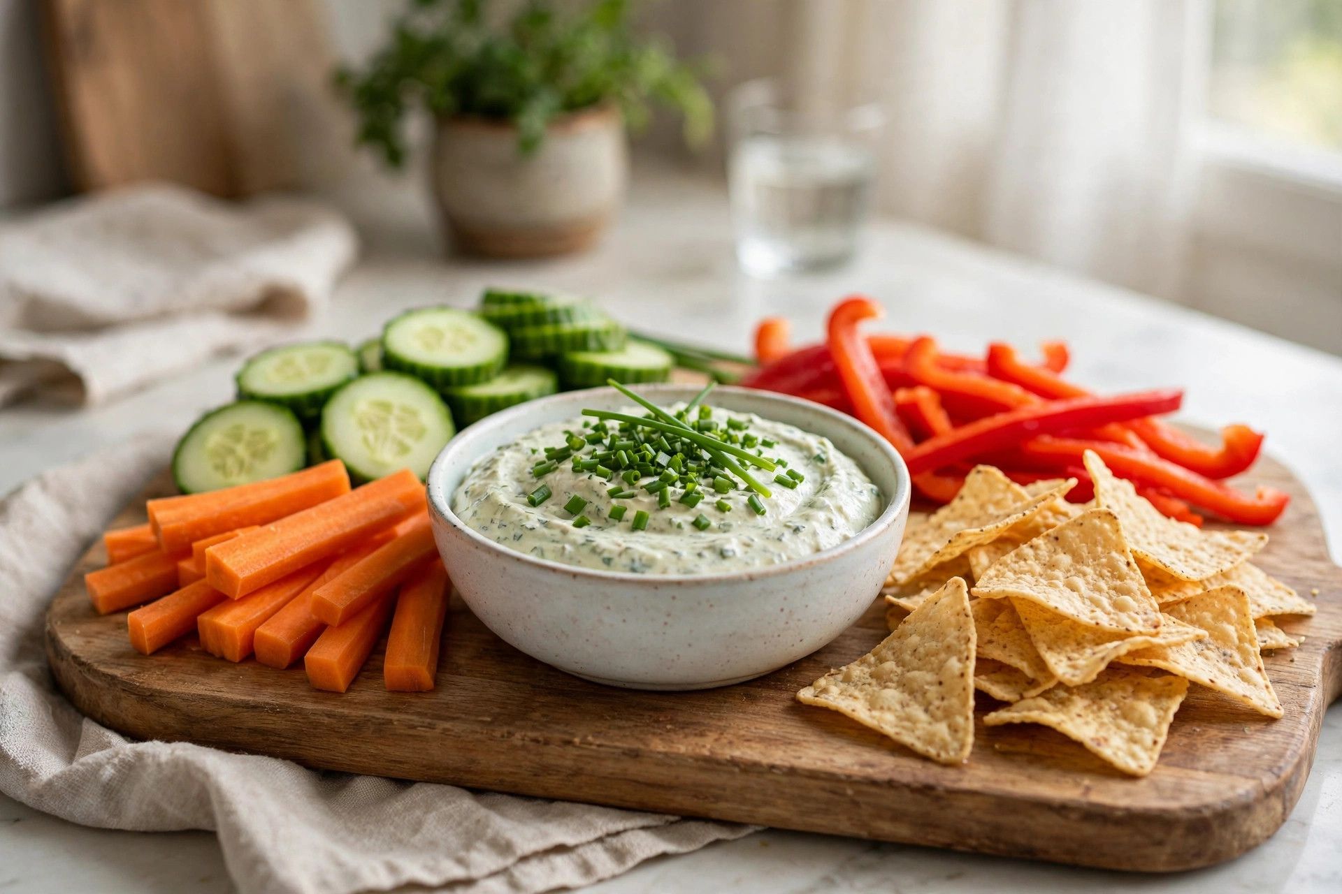 Serving the ranch cottage cheese dip with carrot sticks, cucumber rounds, bell pepper strips and chips