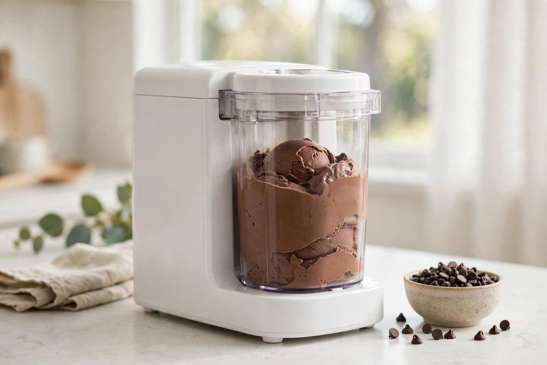 The frozen chocolate pint loaded into the countertop ice cream maker, ready to spin on Lite Ice Cream