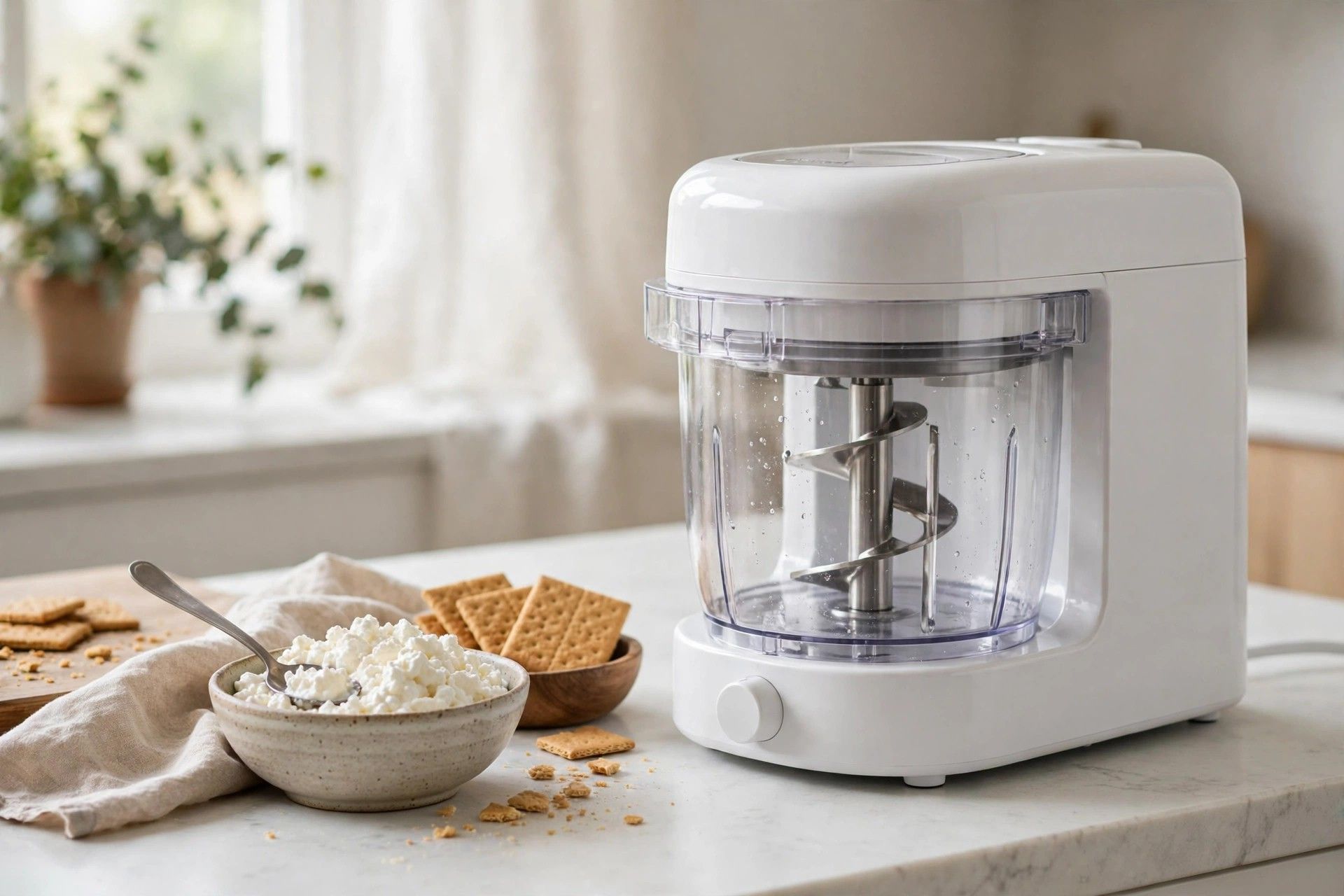 The frozen pint loaded into the countertop ice cream maker, ready to spin on Lite Ice Cream