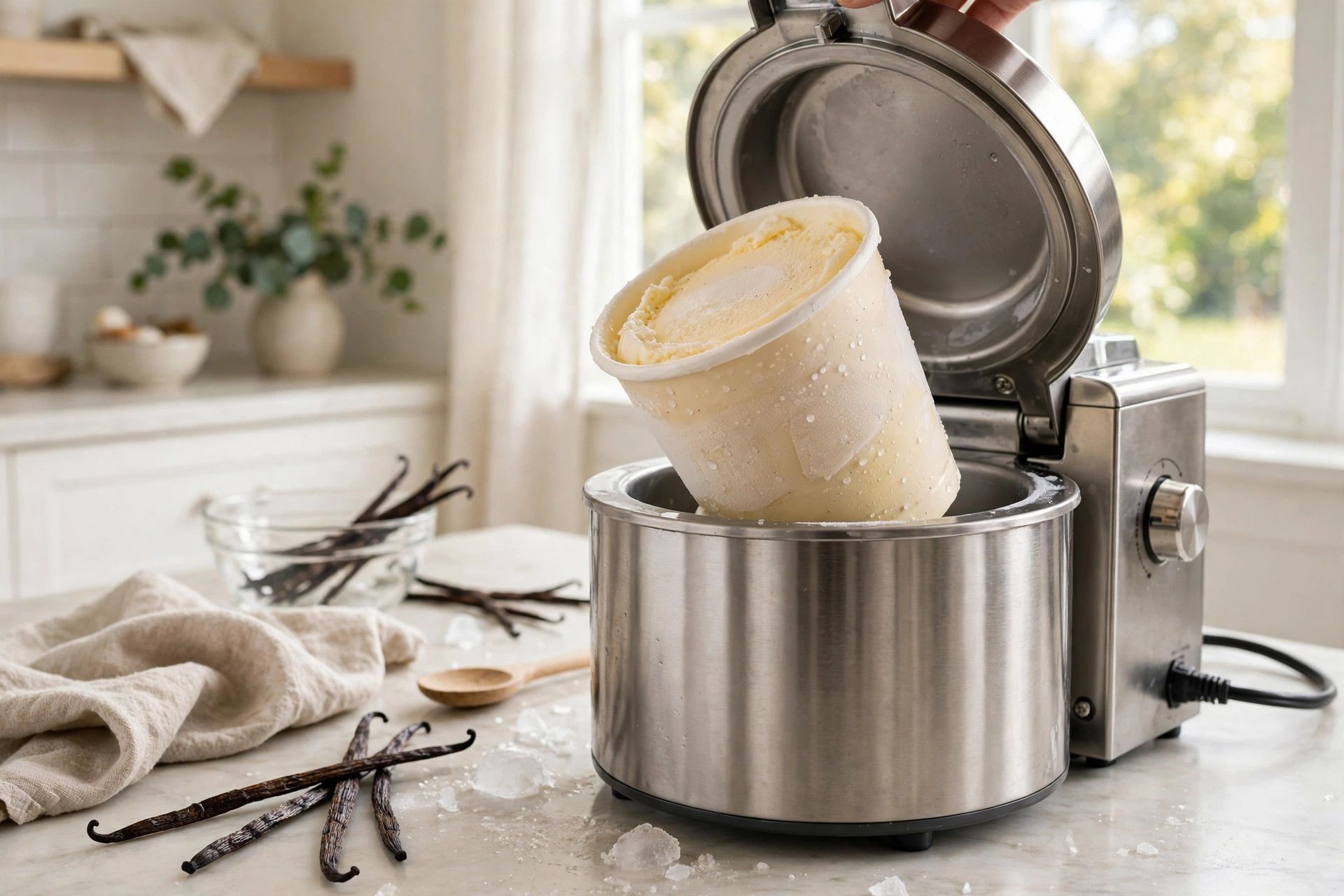The frozen vanilla bean pint loaded into the countertop ice cream maker, ready to spin on Lite Ice Cream
