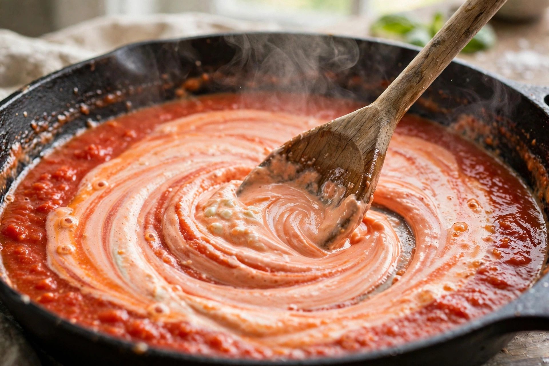 Stirring the smooth blended cottage cheese into the tomato sauce as it turns creamy pink orange