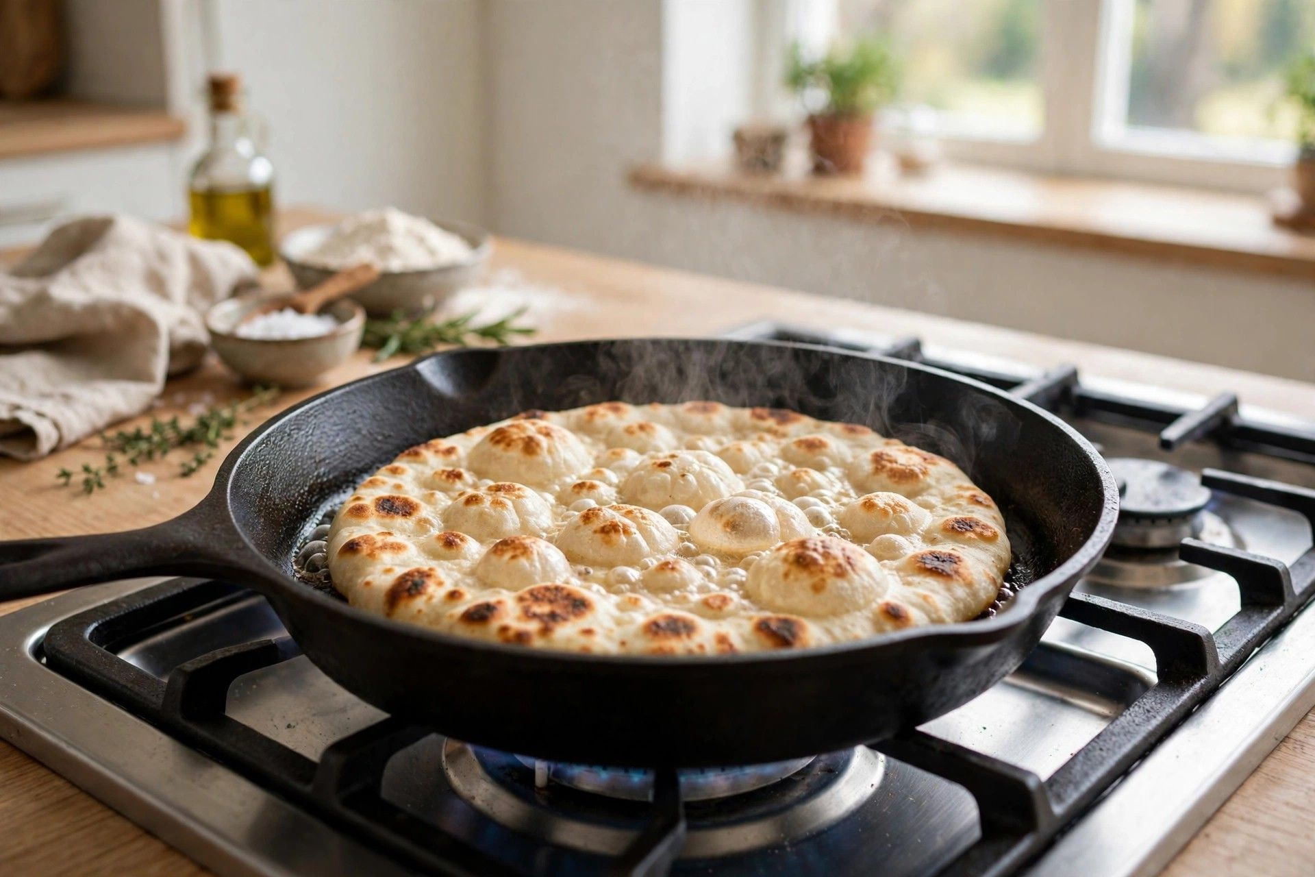 A cottage cheese flatbread cooking in a dry hot skillet with golden brown spots and bubbles on top