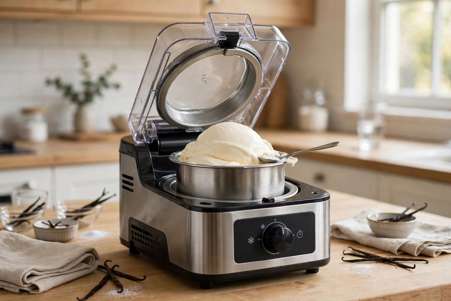 Re-spinning the vanilla protein pint in the countertop ice cream maker until it turns smooth and creamy