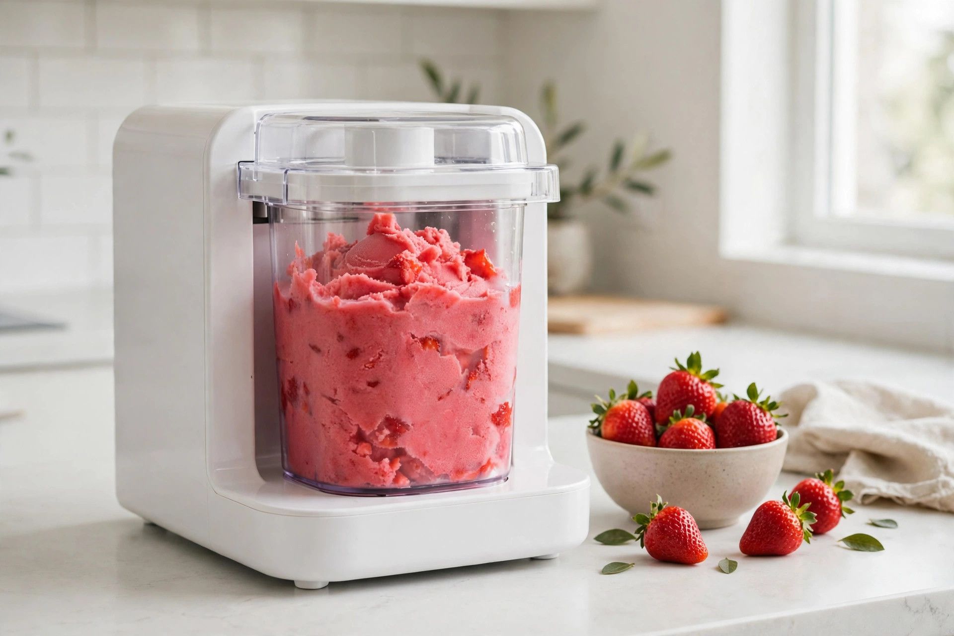 The frozen strawberry sorbet pint loaded into the countertop ice cream maker, ready to spin on the Sorbet setting