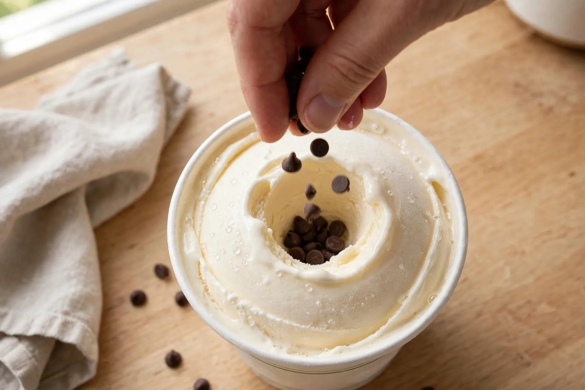Adding mini chocolate chips into a well in the center of a freshly spun pint for the Mix-in cycle