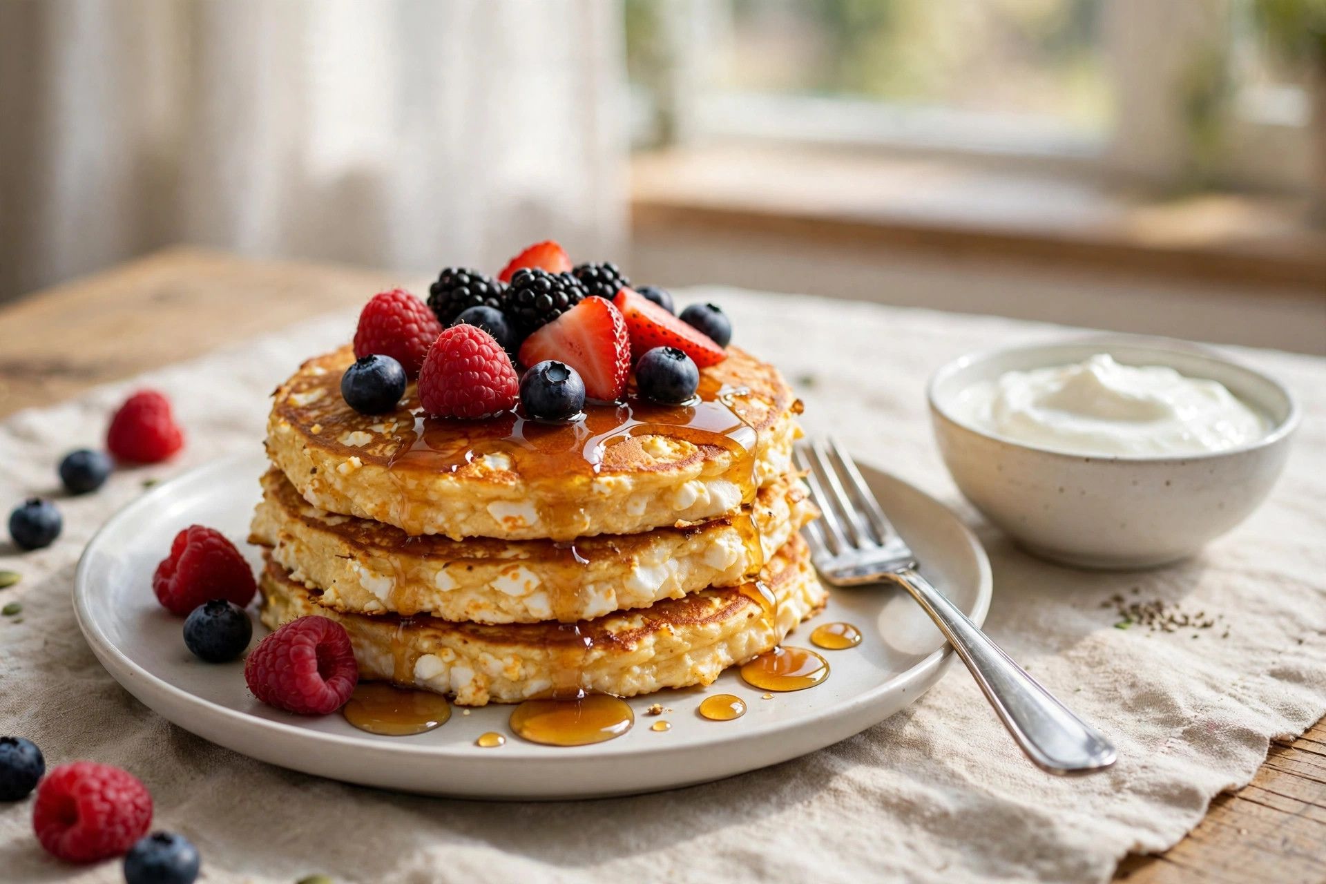 A served stack of cottage cheese protein pancakes with fresh berries and maple syrup