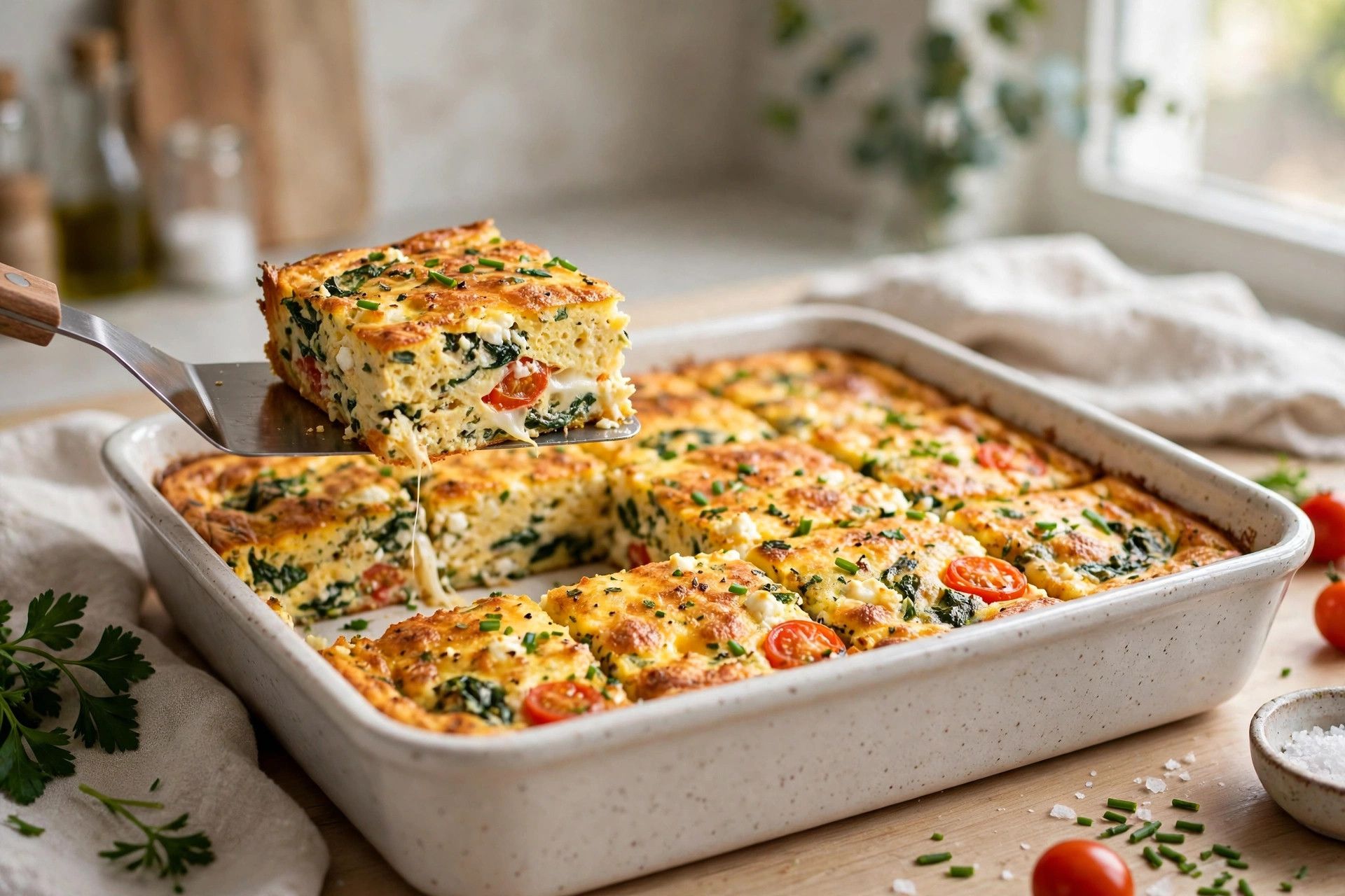 Slicing the rested cottage cheese egg bake into squares in the baking dish