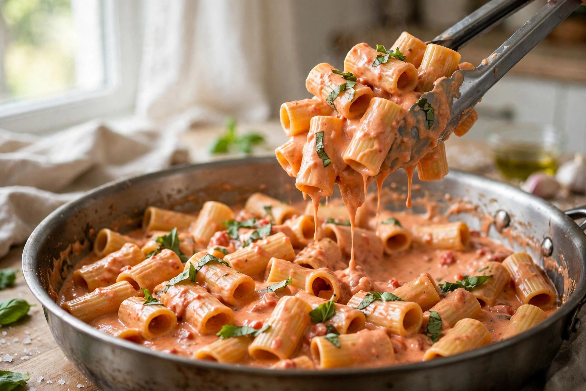 Tossing rigatoni with the creamy cottage cheese tomato sauce in the pan until every piece is coated, with torn basil on top