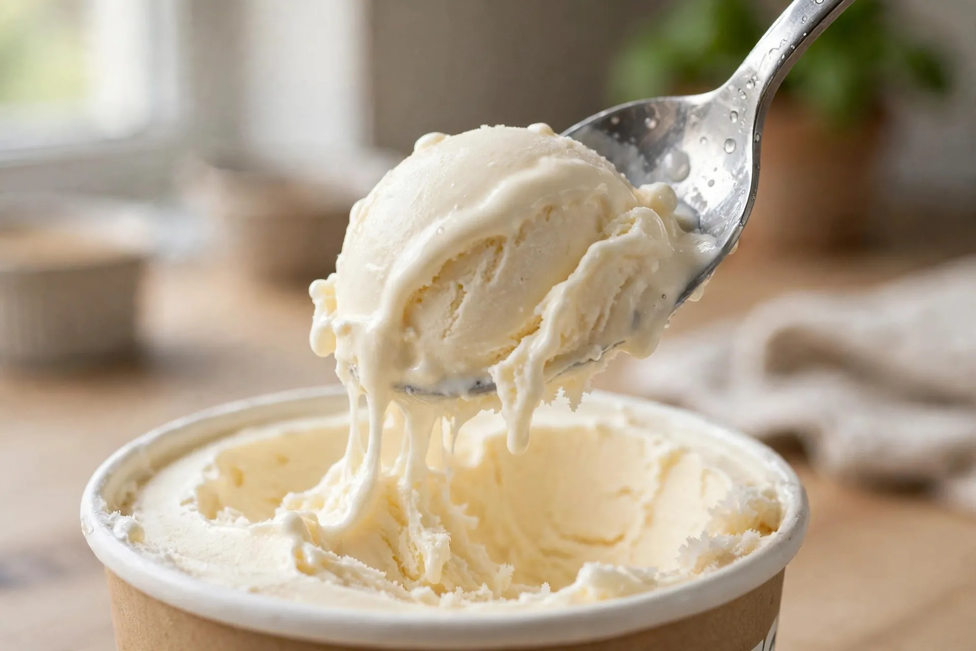 A spoon lifting a smooth, clean scoop of vanilla ice cream from the pint for the scoop test