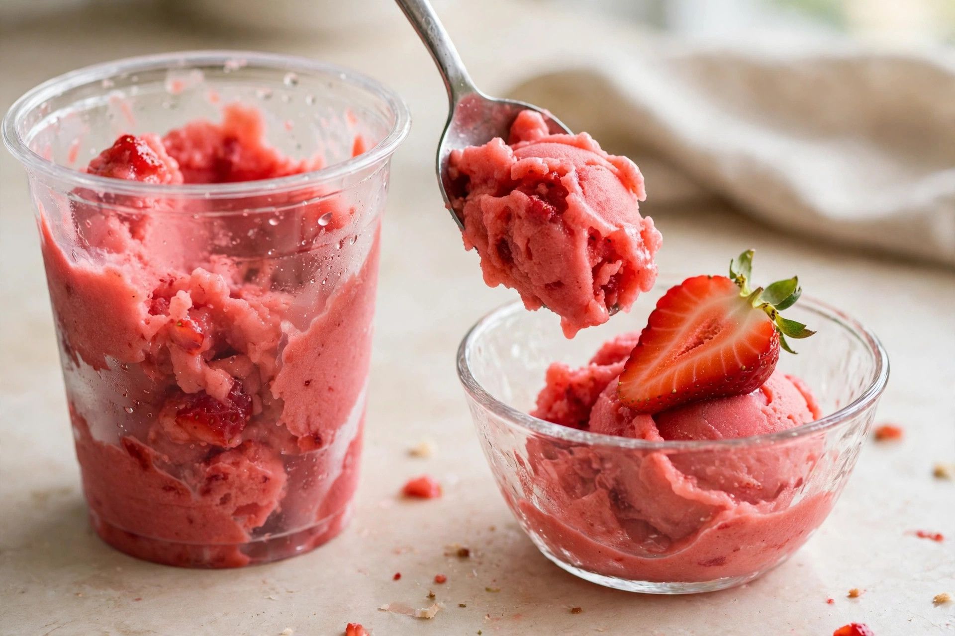 Scooping the finished strawberry sorbet from the pint into a small glass bowl, topped with a fresh strawberry