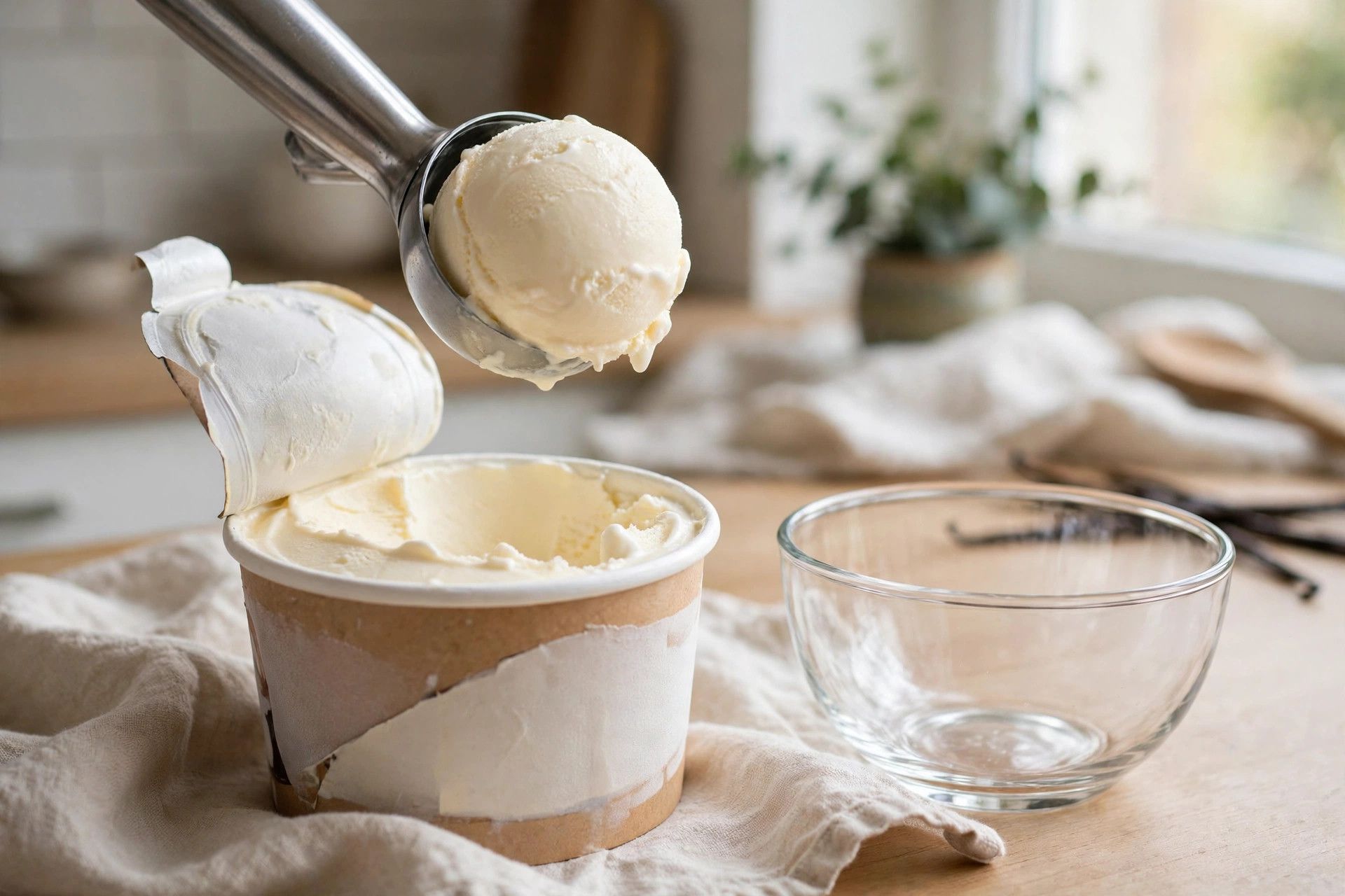 Scooping smooth vanilla protein ice cream from the pint into a glass bowl