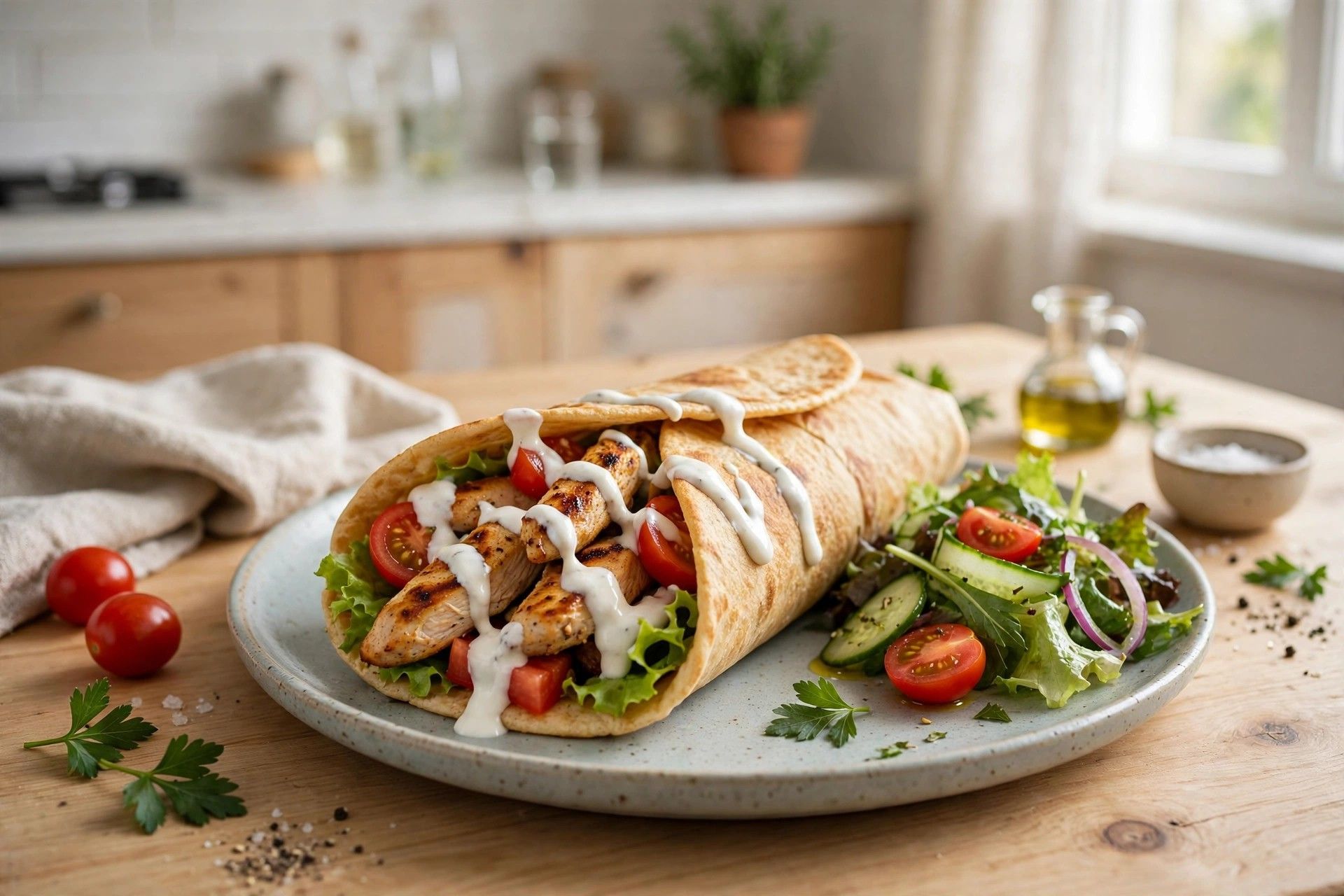 A warm cottage cheese flatbread folded as a wrap with fresh fillings, served on a plate with a small salad