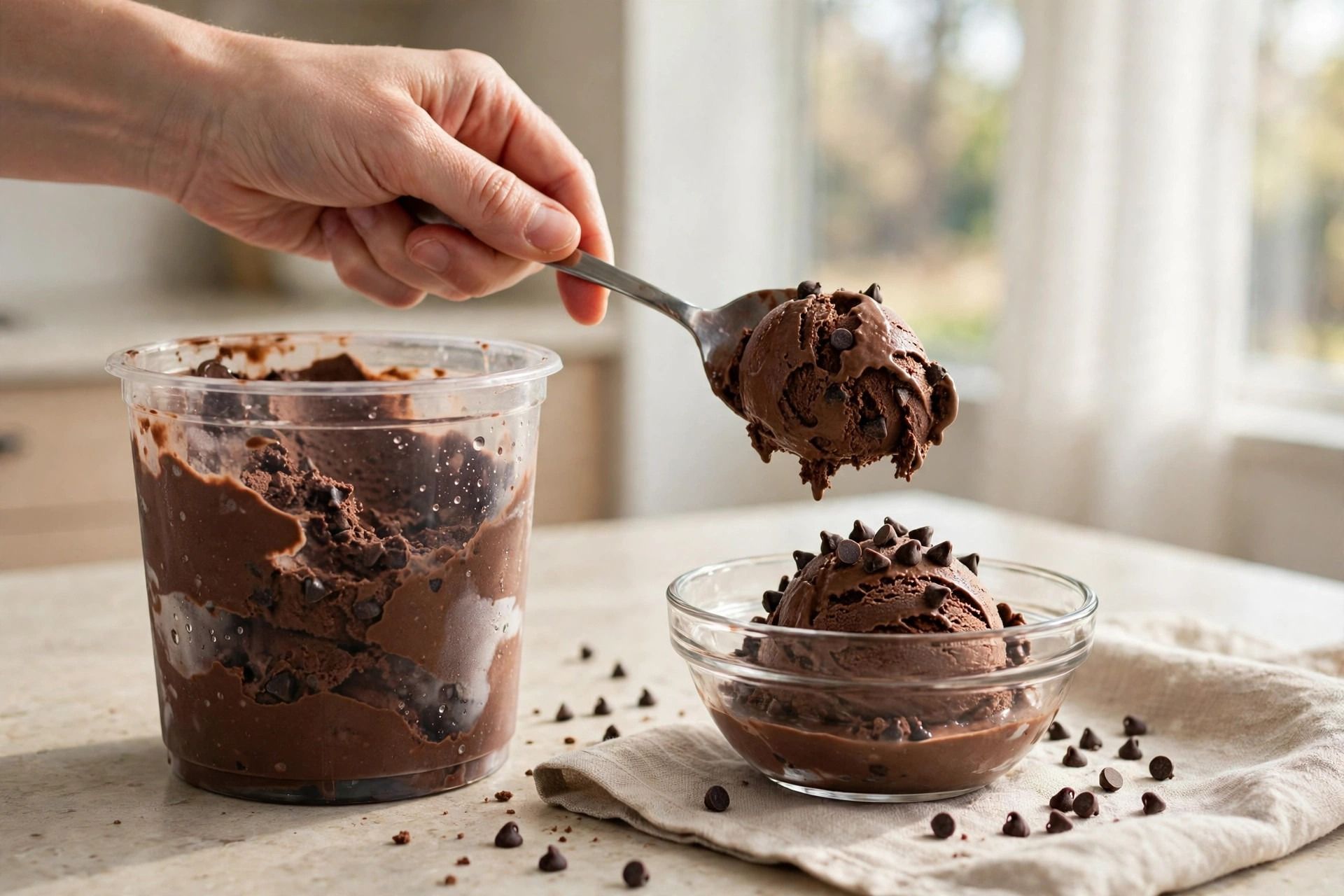 Serving a scoop of chocolate protein ice cream from the pint into a glass bowl with mini chocolate chips