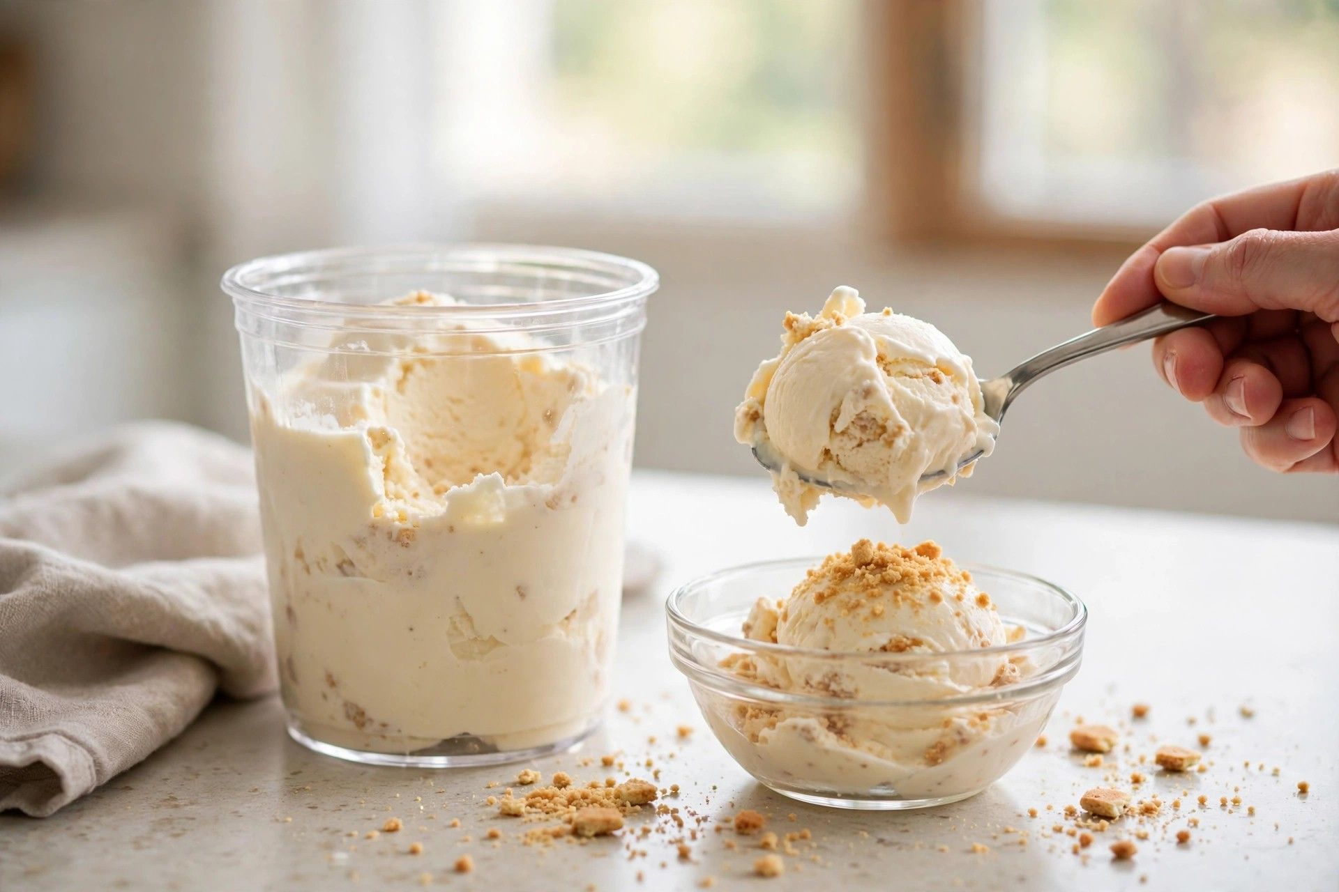 Scooping the finished cottage cheese ice cream from the pint into a small glass bowl with graham cracker crumbs