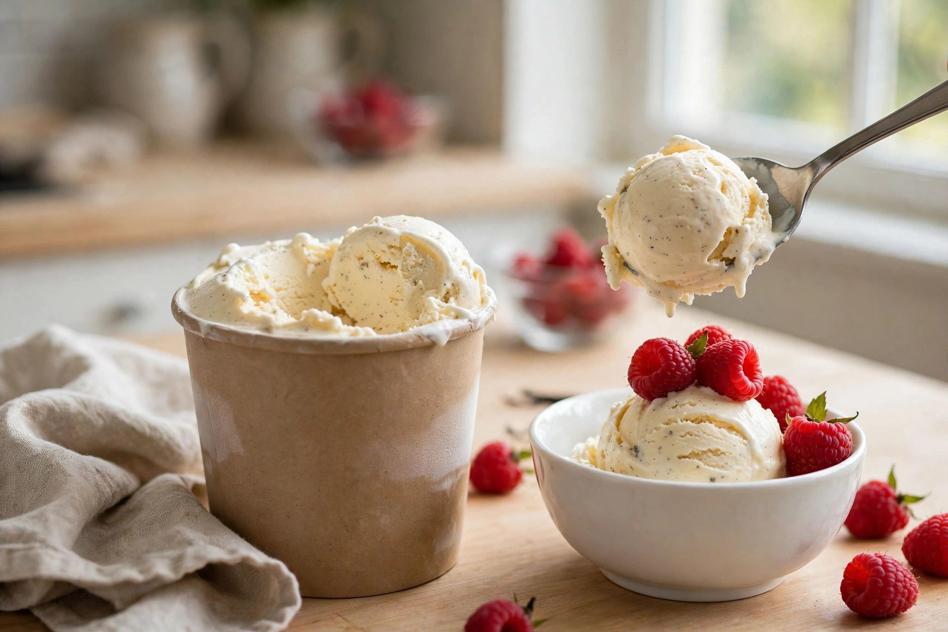 Serving scoops of vanilla bean protein ice cream from the pint into a small bowl with fresh raspberries