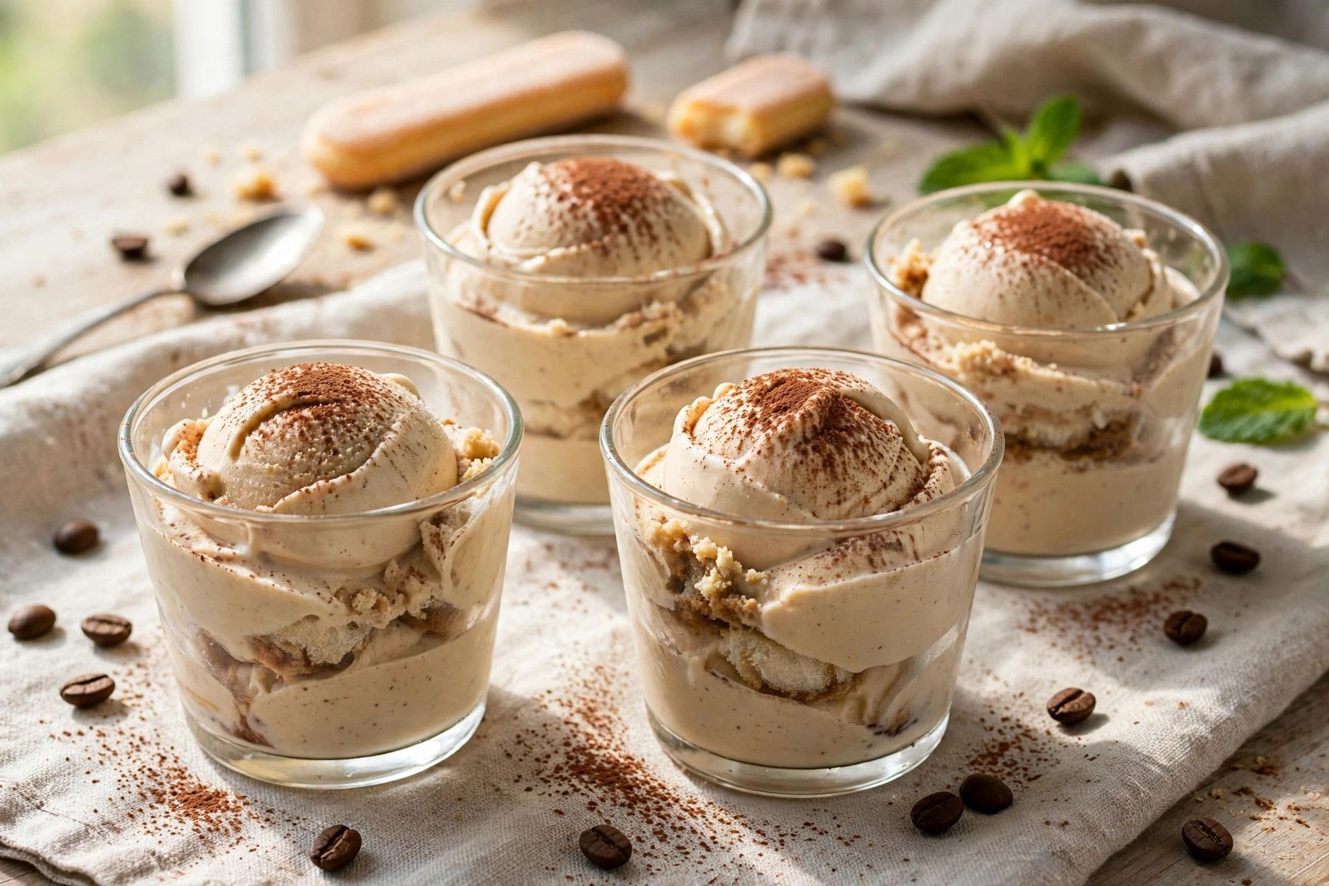 Small glasses of coffee tiramisu protein ice cream dusted with cocoa powder, on a light kitchen table