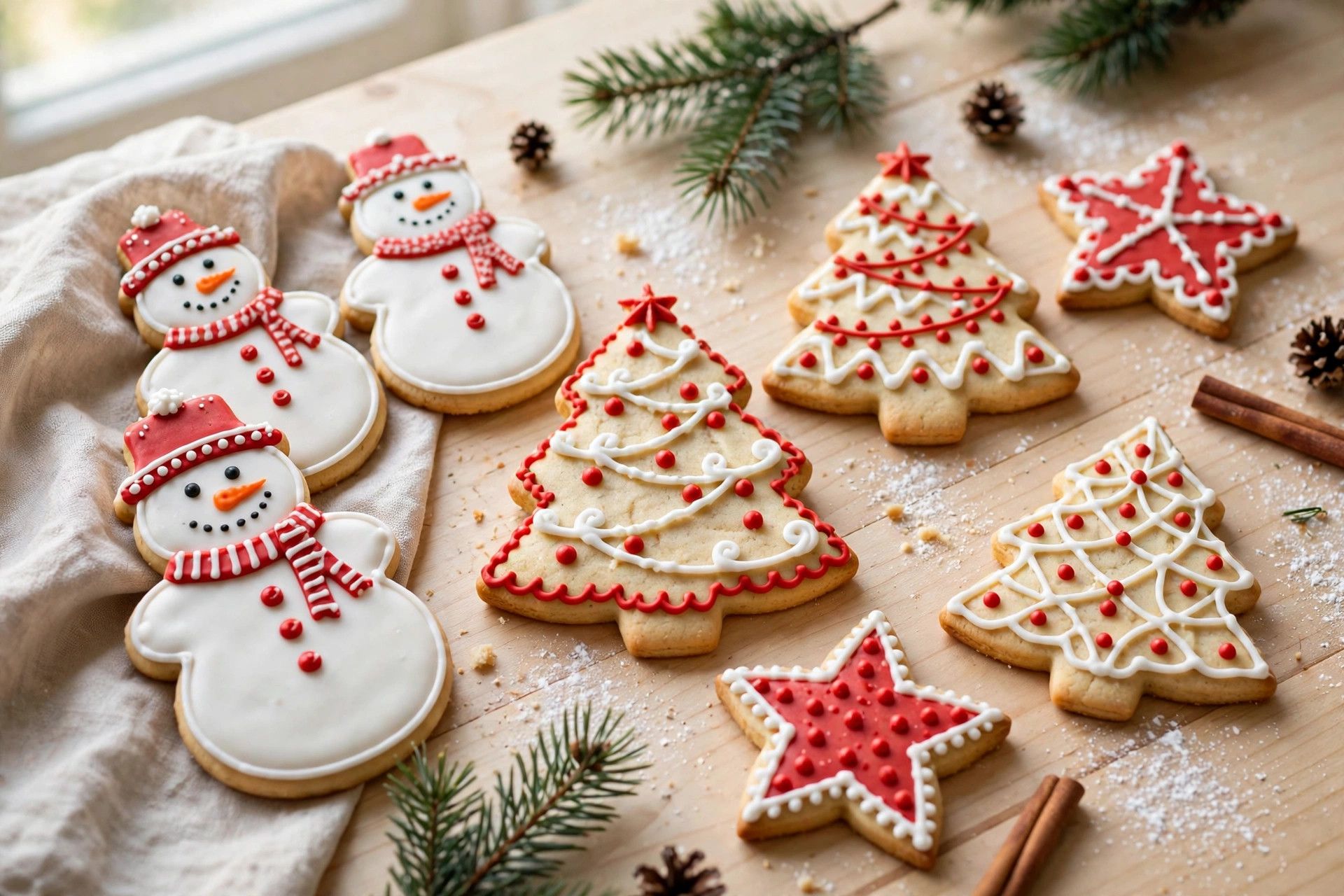 Classic decorated xmas cookies in tree, star and snowman shapes with red and white royal icing on a light table